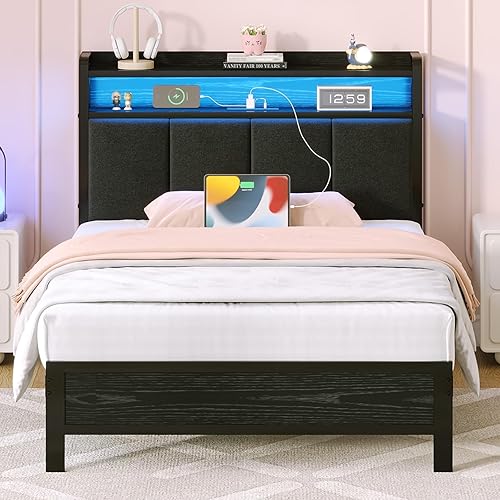 Miniatura 9 de Base de cama individual con luces LED y estación de carga, base de cama de plataforma de metal individual con cabecera de almacenamiento tapizada,