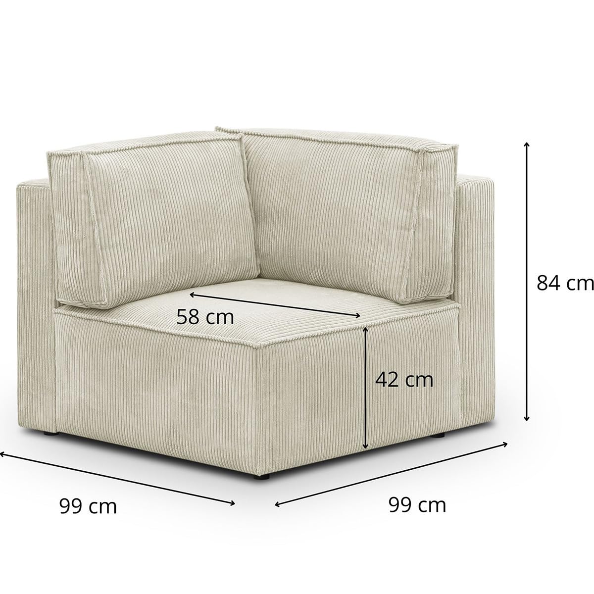 HOMIFAB Module d'angle à Gauche Harper Mod Velours Côtelé Beige 99x99x84 cm
