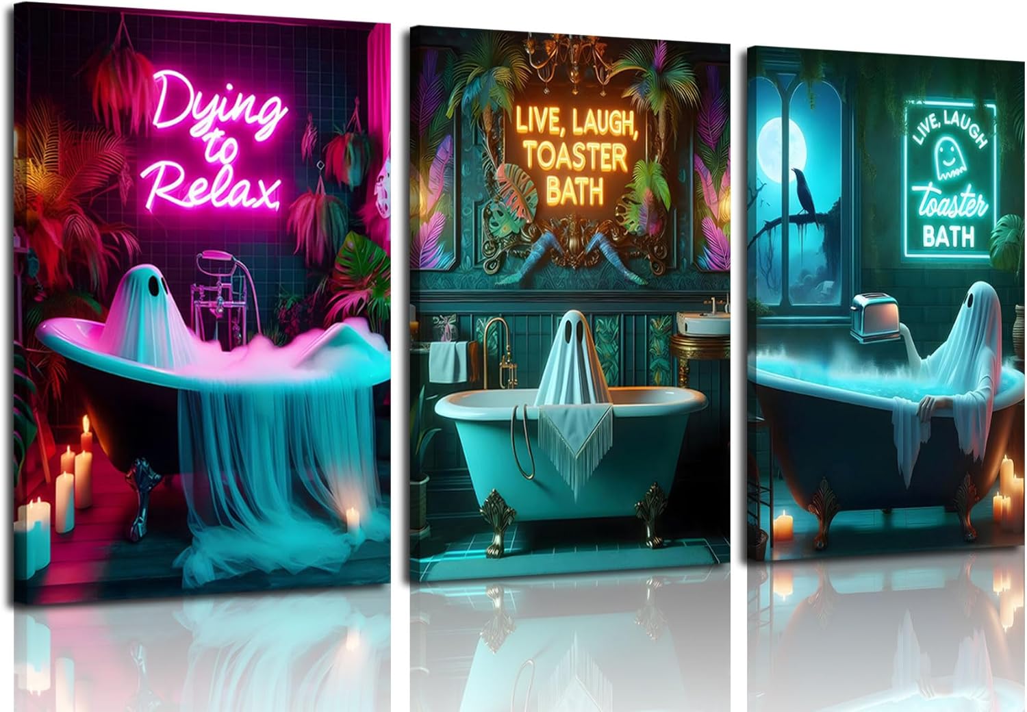 3 Pcs Framed Halloween Ghost Neon Bathroom Canvas Wall Art Neon Sign Dying To Relax Wall Decor Pictures Funny Gothic Ghost Toaster Posters Prints for Restroom Dark Humor indie room Home Decortion