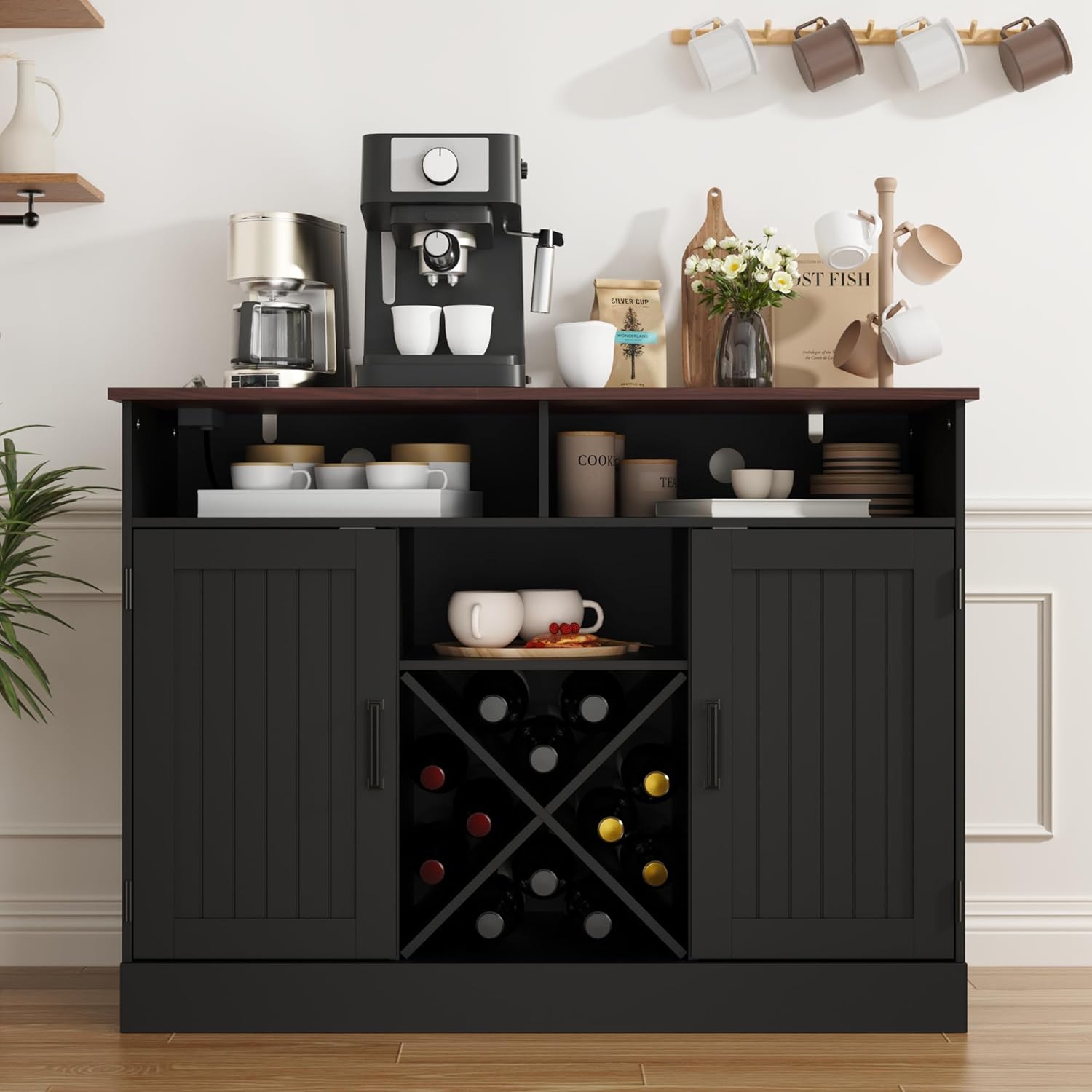 Farmhouse 42.5" Buffet Cabinet with Prower Outlets, Large Sideboard Storage Cabinet with Wine Rack. Wooden Coffee Bar Cabinet for Kitchen, Black