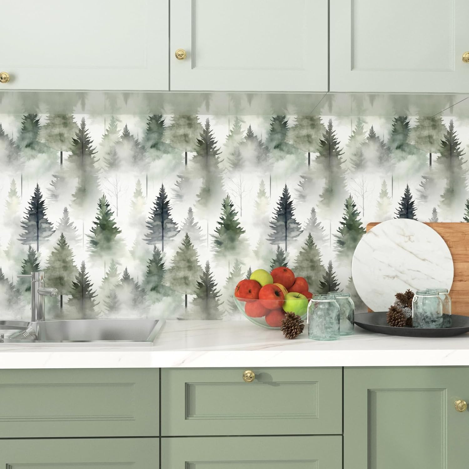 Laatse Foggy Forest Wallpaper Peel and Stick Misty Woodland Wall Mural Green Tree Contact Paper Waterproof Self-Adhesive Modern Wall Paper for Bedroom Cabinet Drawer Decor 17.5in x118in