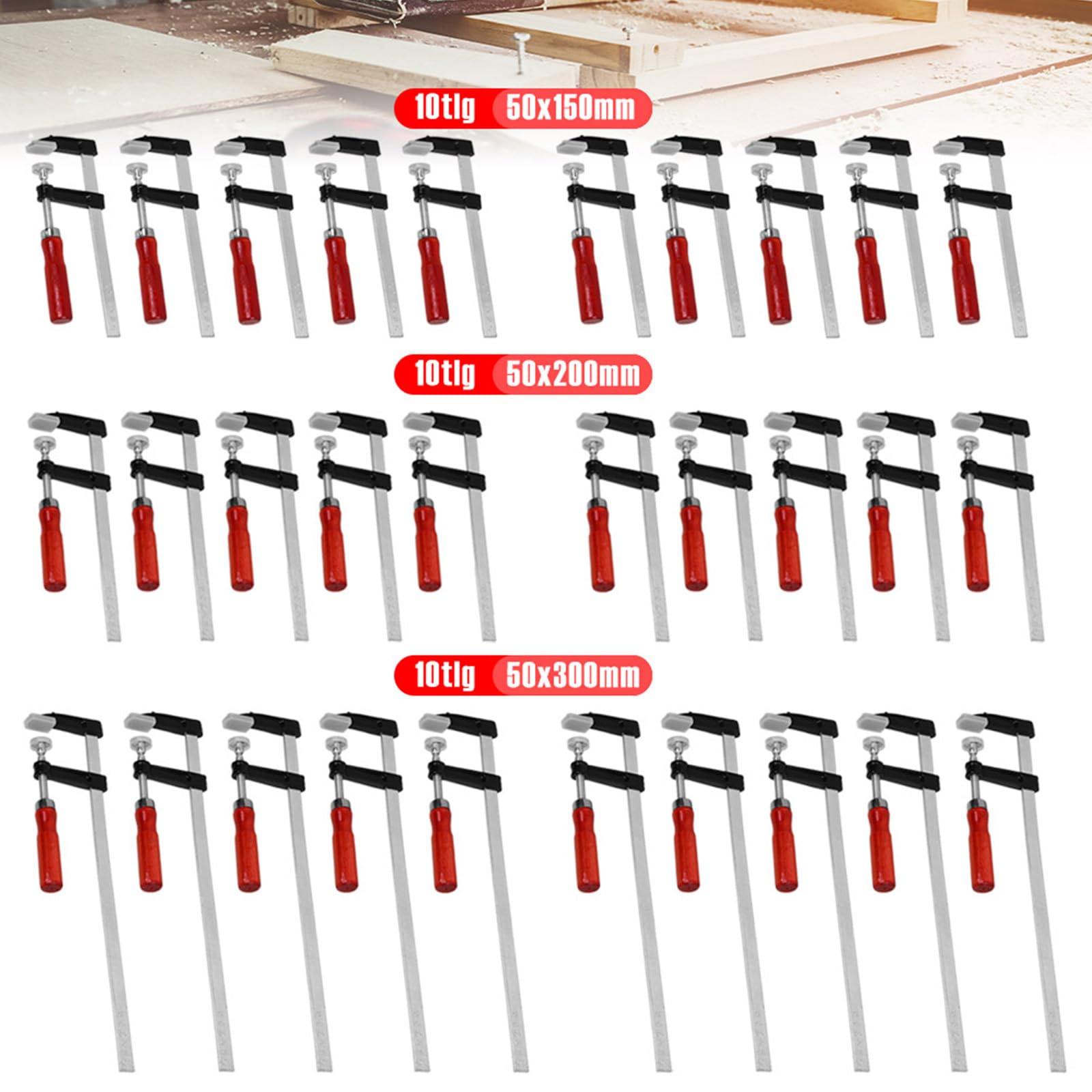 Schraubzwingen, Profi Schraub-Zwinge Set mit 10-Komponentengriff 50x200 / 50x300, Spann-Weite 150 mm, Spanntiefe 50 mm, Spannbacken aus Temperguss-Stahl, Schraubzwenge mit Hohlprofilschiene (50x300)