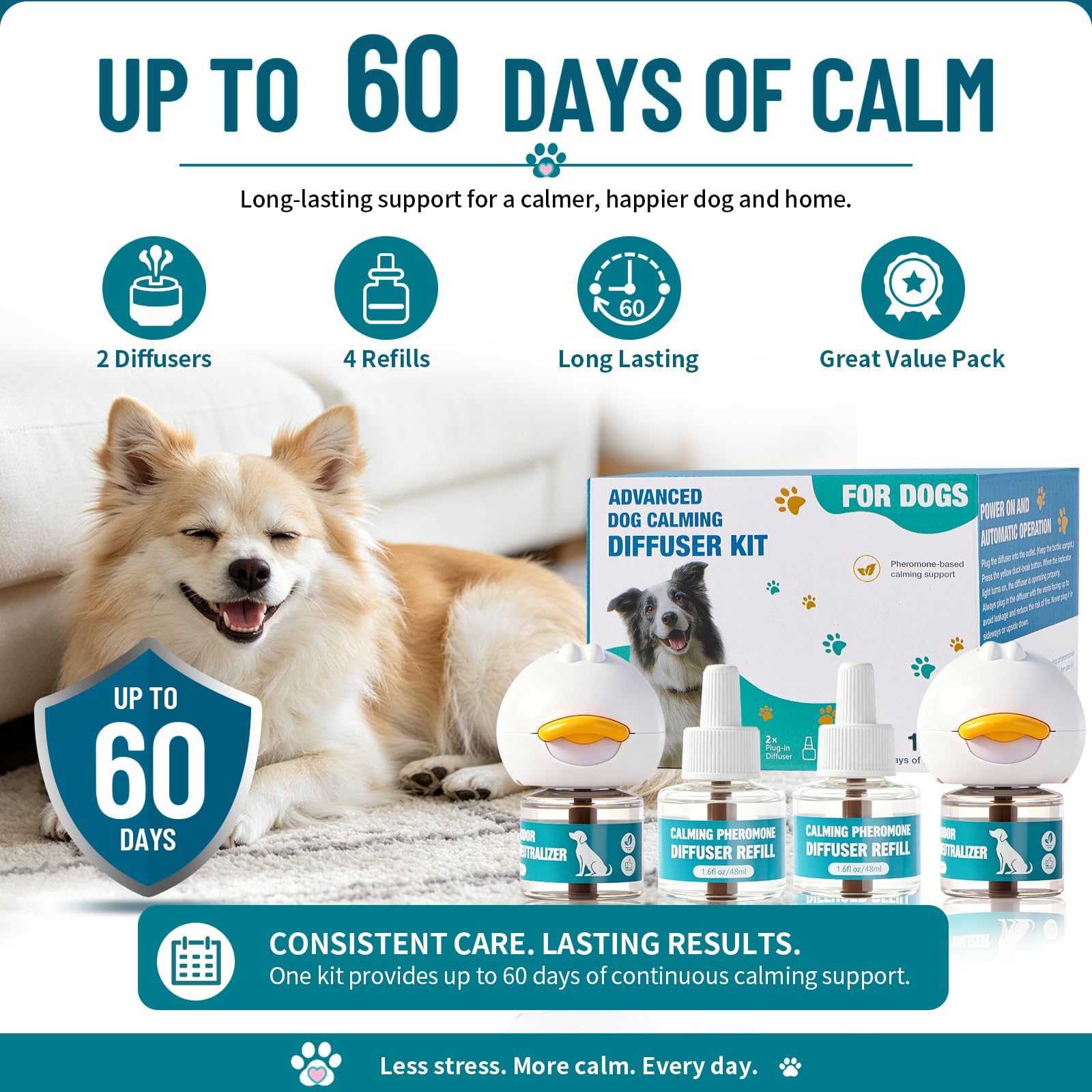 Upgraded Dog Calming Diffuser with 2 Plug-in + 4 Refill, Dog Calming Pheromones Diffuser Starter Kit for Anxiety Relief, Reduce Barking Aggression Stress