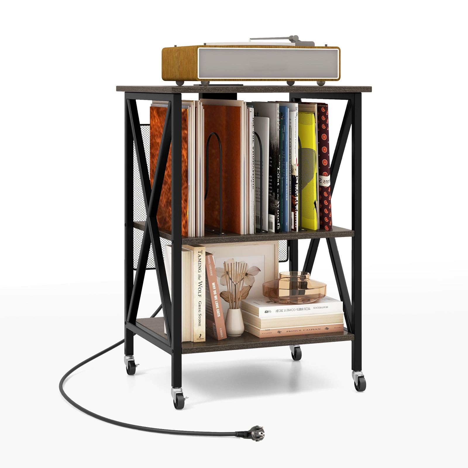 COSTWAY Meuble Tourne-Disque Vinyle avec Prise, Table d’Appoint à Roulette avec Station de Charge, 2 Prises, 1 USB, 1 Type-C, Bout de Canapé, Support Tourne-Disque Industriel (Gris)