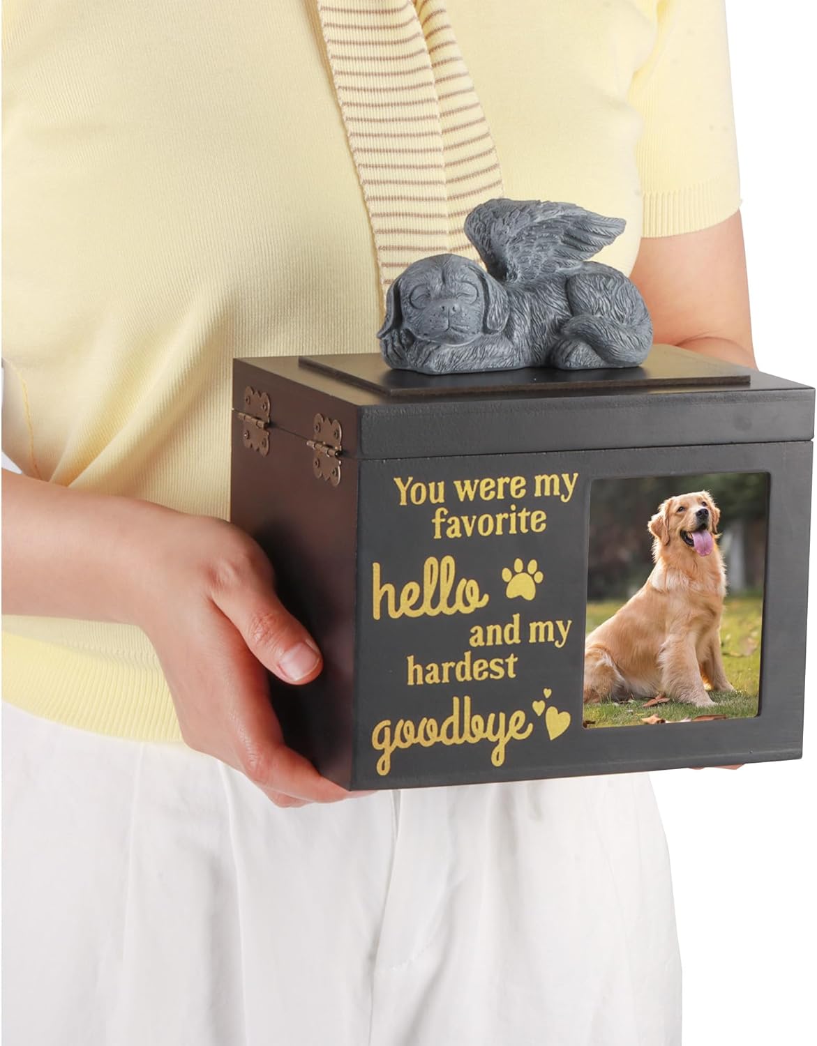 Large Dog Urn for Ashes, Black Wooden Pet Keepsake with Photo Frame, Memory Box with Resin Animal Statue and Sealed Storage Bags (120lbs)