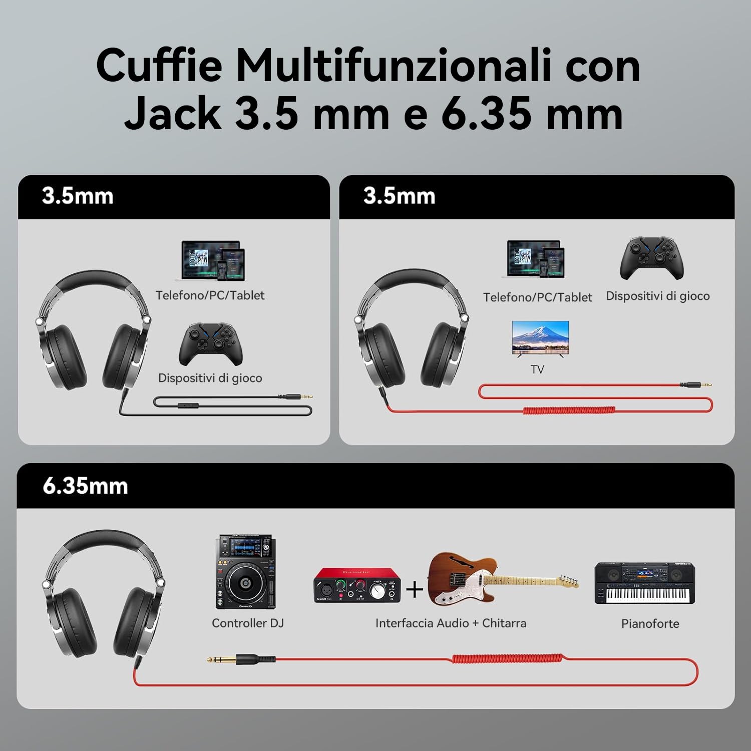 OneOdio Pro 10 Cuffie Over Ear Cablate con Microfono Shareporte Jack 3,5 mm 6,35 mm per Registrazione Mixaggio DJ