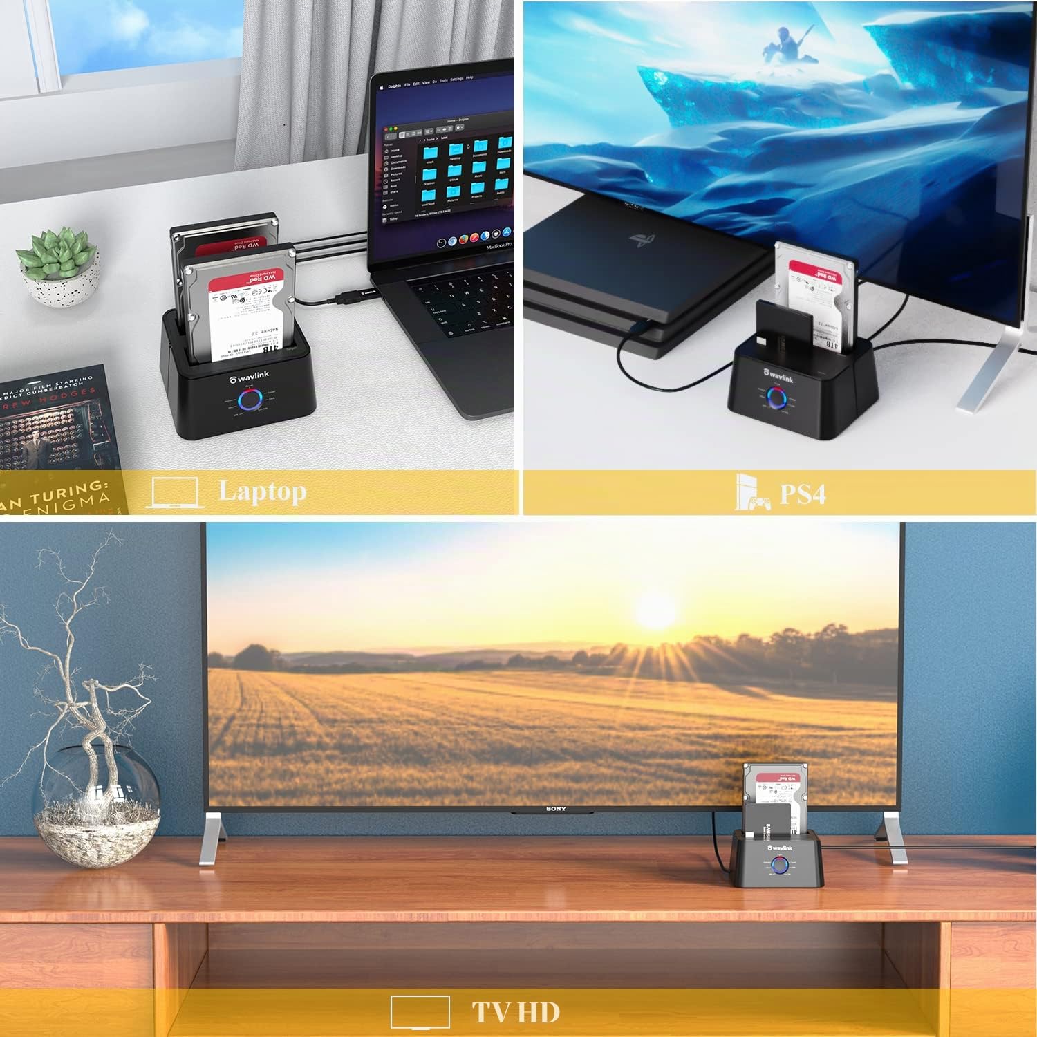 WAVLINK Dual Bay SATA a USB3.0 disco rigido esterno HDD Docking Station per 2,5 o 3,5 pollici hdd, SSD con dischi rigidi fotocopiatrice/cloni della funzione di nero