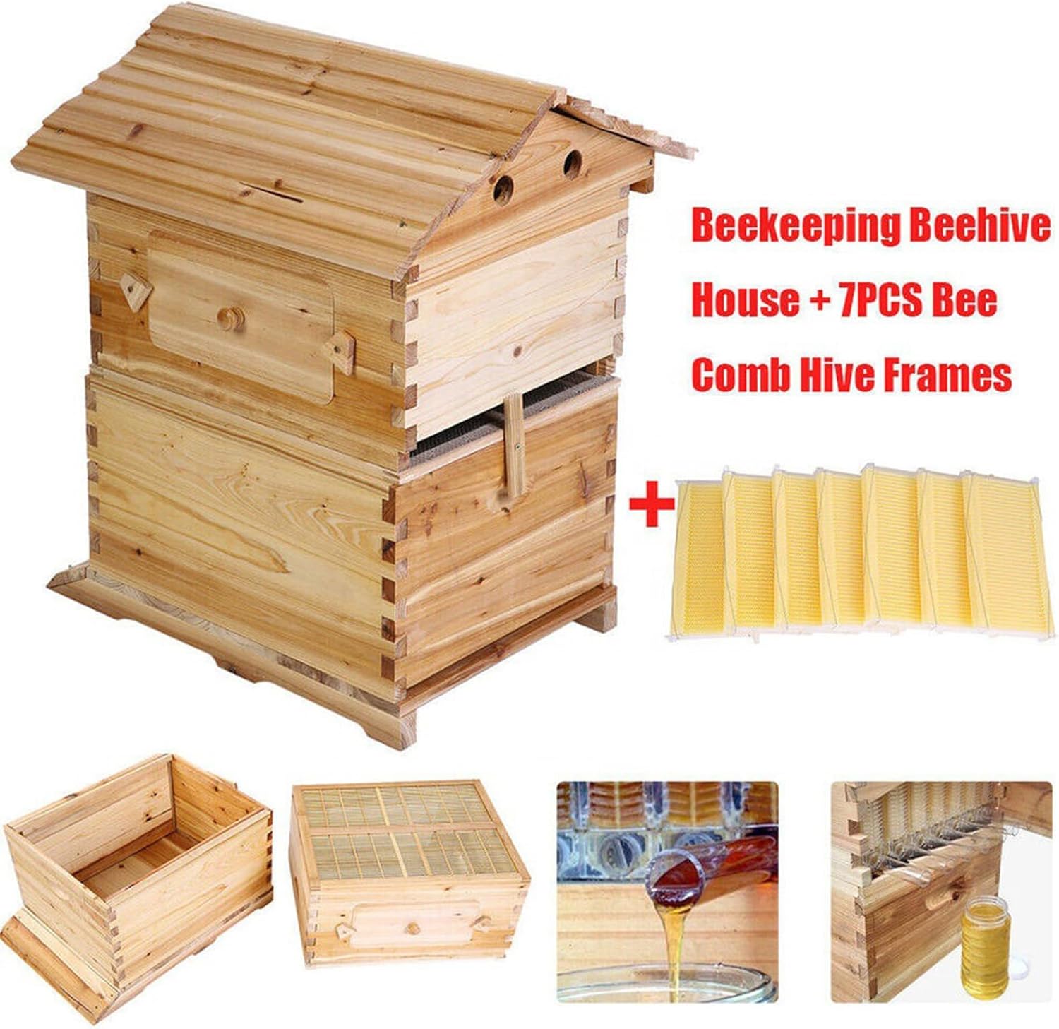 Automatic Wooden Beehive House, 7pcs, Auto Honey Hive Frames, Beekeeping Starter Kit
