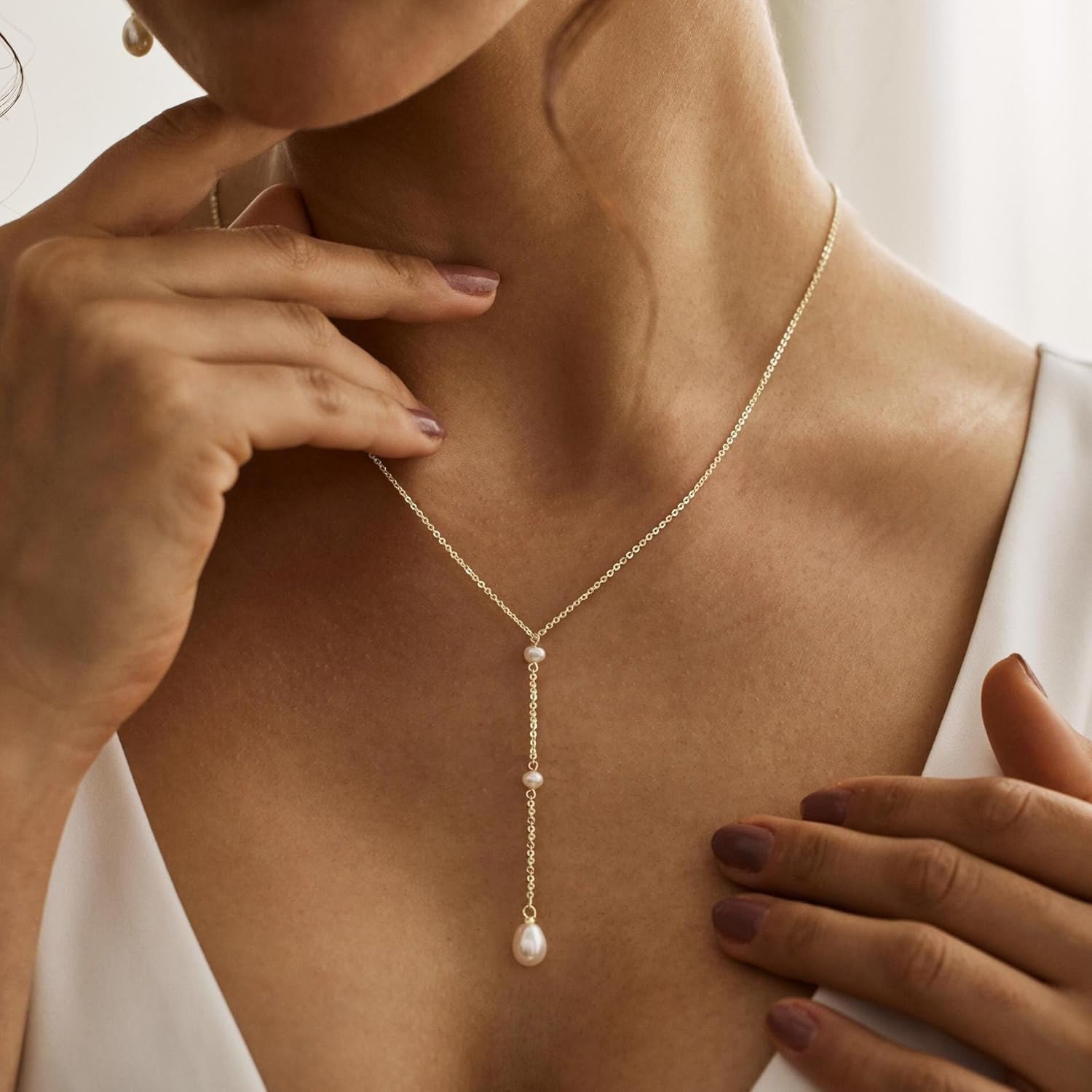 Pearl Necklace for Women Trendy,14k Gold Plated Necklace Dainty Wedding Necklace Small Cute Choker Necklace Beaded Lariat Drop Necklace Vintage Waterproof Jewelry for Women Gold Jewelry Fashion Gifts - Image 4