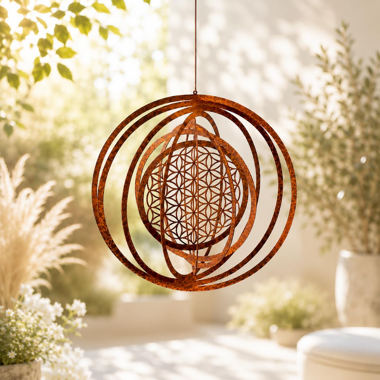 Carillon éolien fleur de vie patiné idéal pour balcon et coin méditation