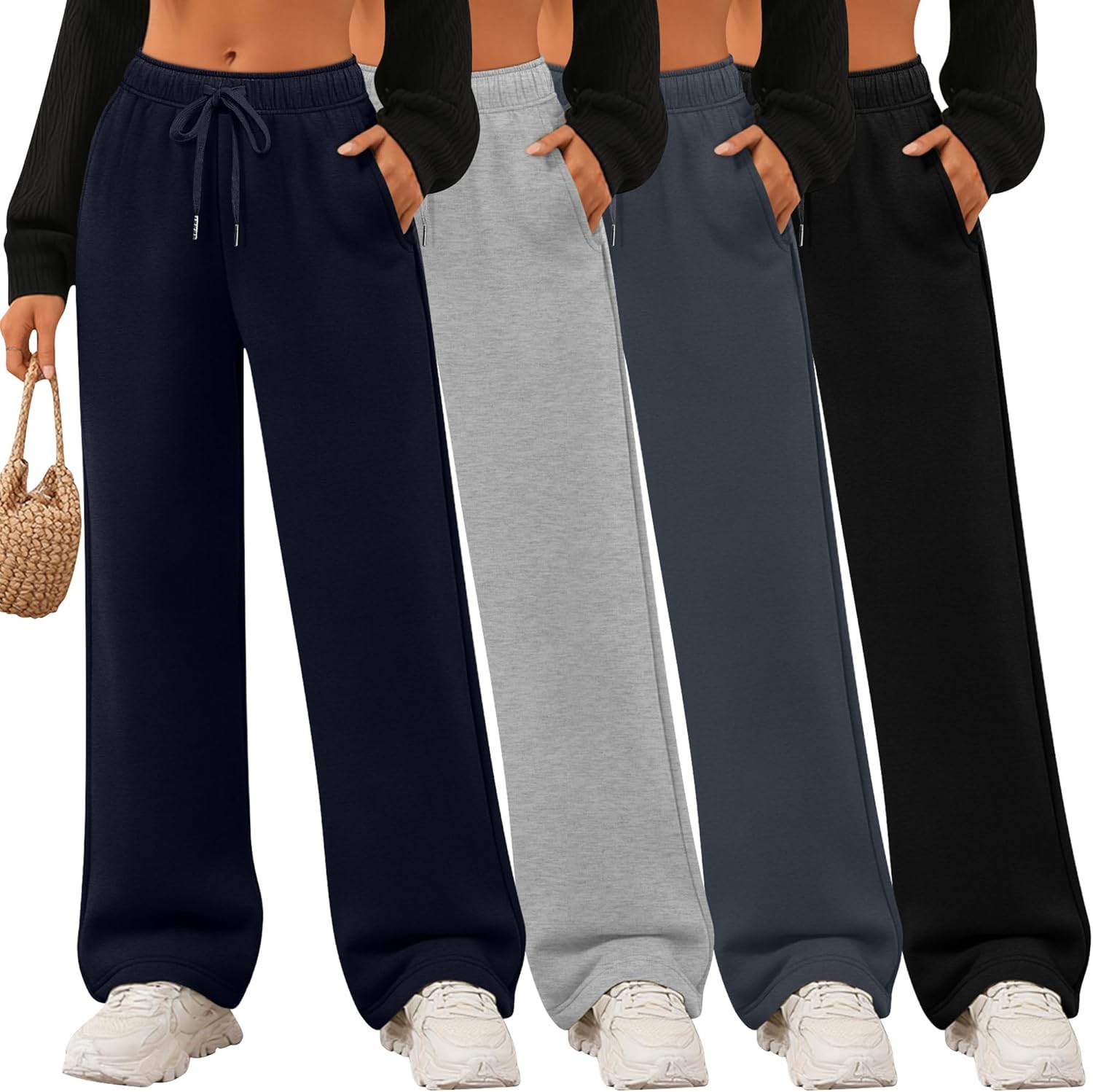 Velvelhall 4 Pack Women's Wide Leg Sweatpants Drawstring Lounge Joggers for Women Straight Pants Elastic Waist with Pockets