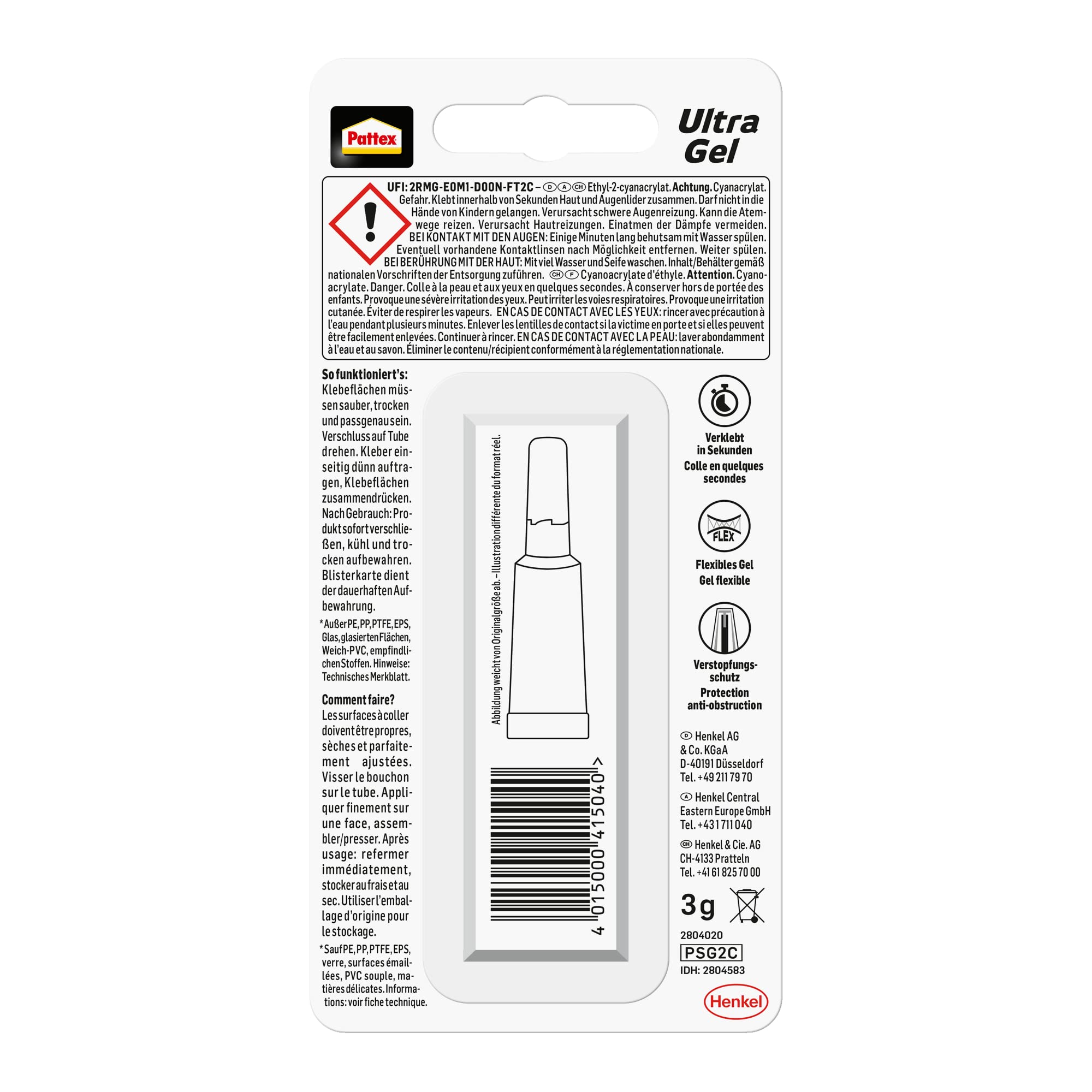 Klej błyskawiczny Pattex Ultra Gel, 3 g bardzo mocny i elastyczny superklej, odporny na uderzenia i wodę klej naprawczy o konsystencji żelu, np. do gumy, skóry, drewna.