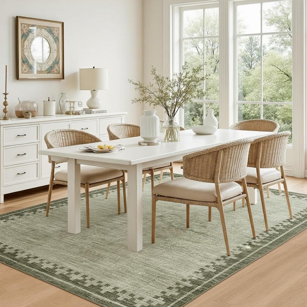 GarveeHome 5x7 Area Rug Washable Living Room Non Slip Modern Border Large Bedroom Throw Carpet Soft Stain Resistant Geometric Dining Room Rug Low Pile Cross Carpets for Nursery Dorm Home Office, Green