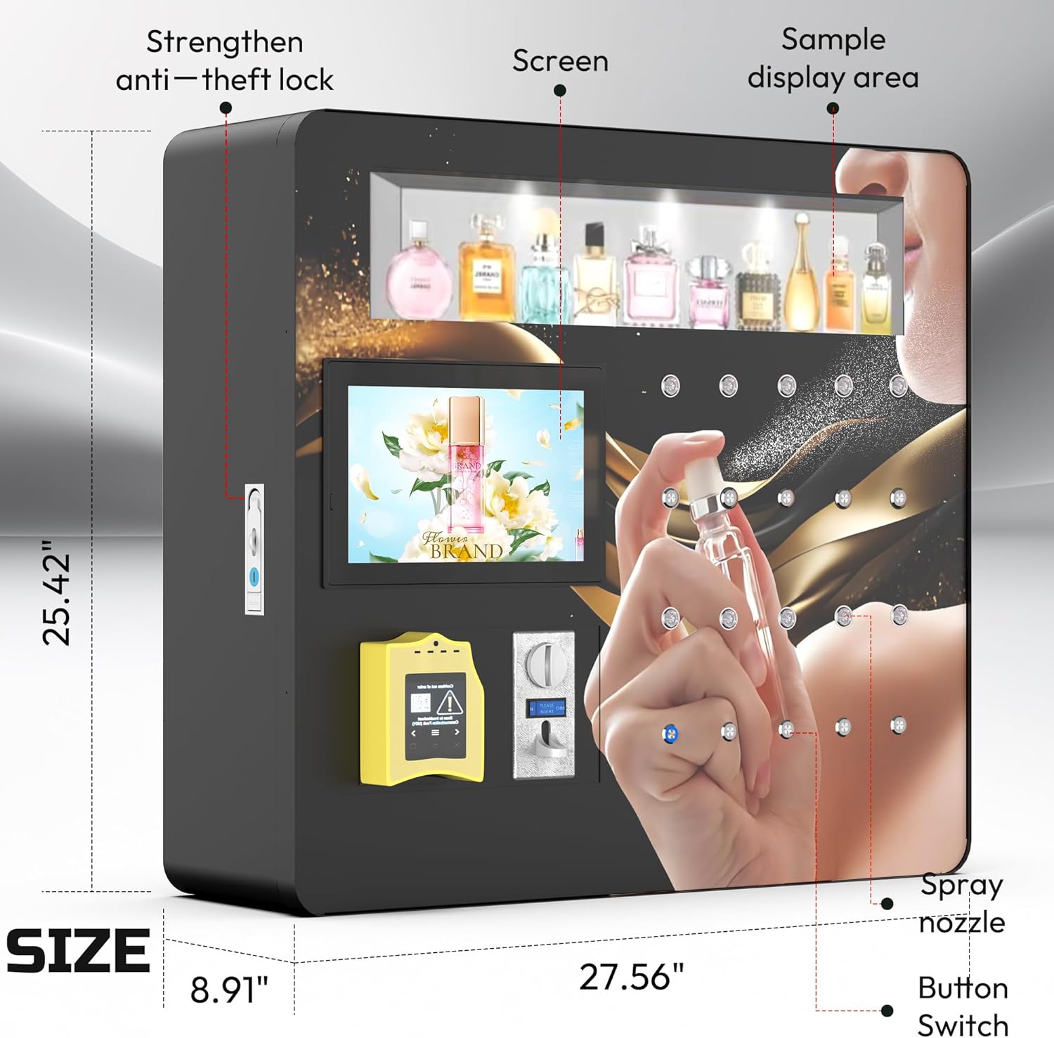 Perfume Vending Machine 10.1 Inch Touch Screen Fragrance Dispenser with Automatic Spray Nozzle, Coin/Credit Card Payment Supported, Commercial Scent Machine for Malls, Hotels, 24H Store (10×120ml Cap)