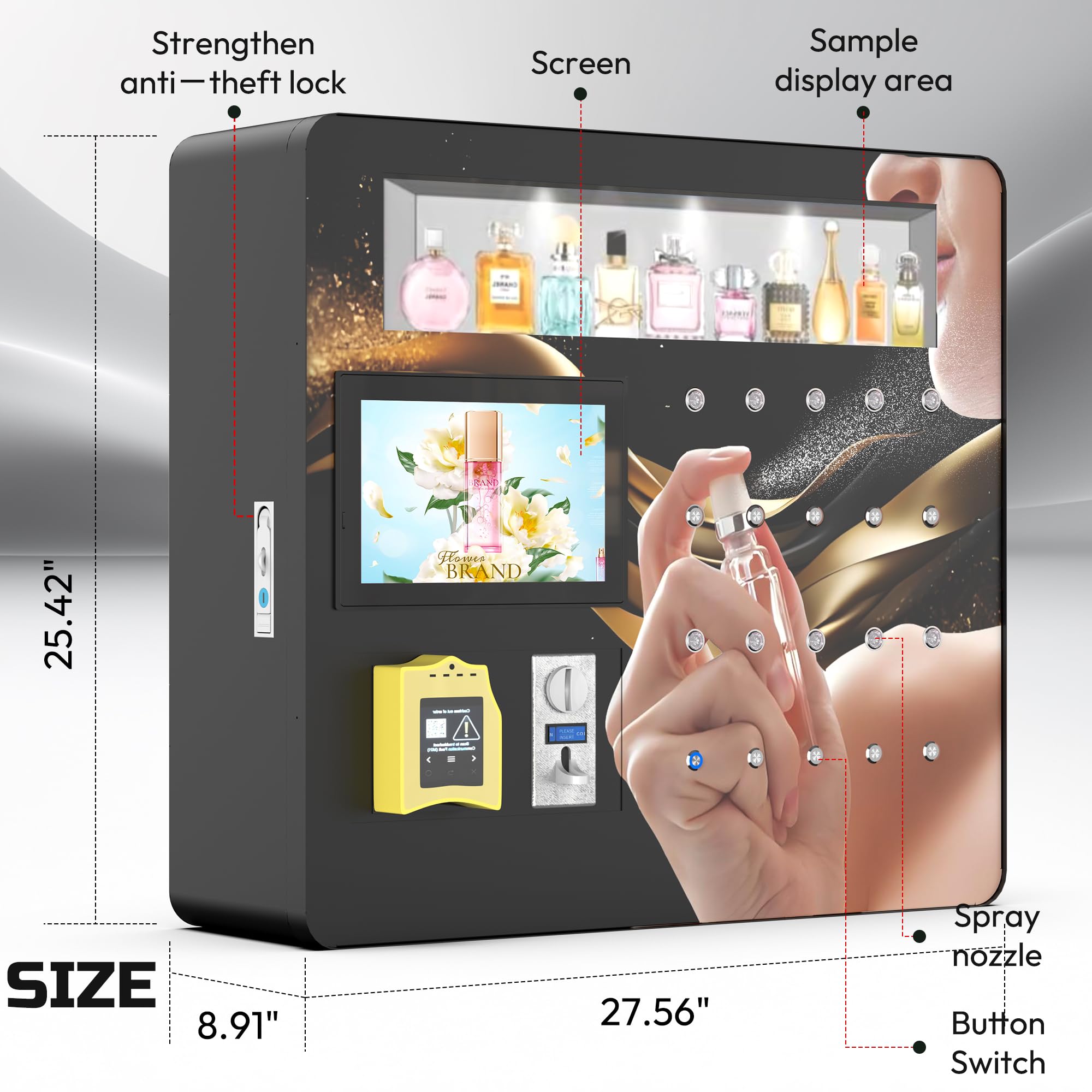 Máquina expendedora de perfume con pantalla táctil de 10.1 pulgadas con boquilla de pulverización automática, compatible con pago de monedas/tarjeta de crédito, máquina de aroma comercial para centros