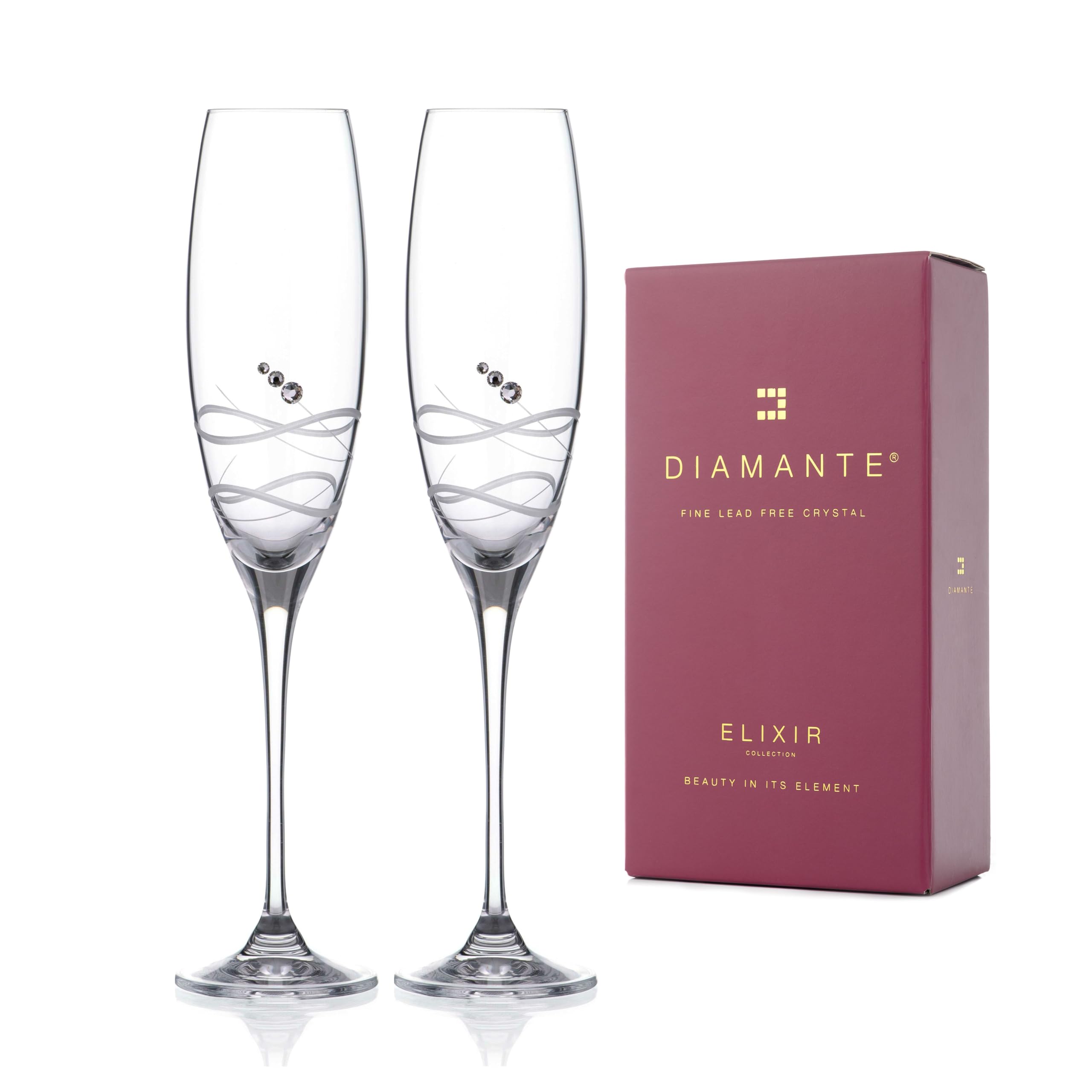 DIAMANTE Set di 2 Bicchieri Vino, Bicchieri da Champagne per Prosecco, con Cristalli Swarovski, Confezione Regalo