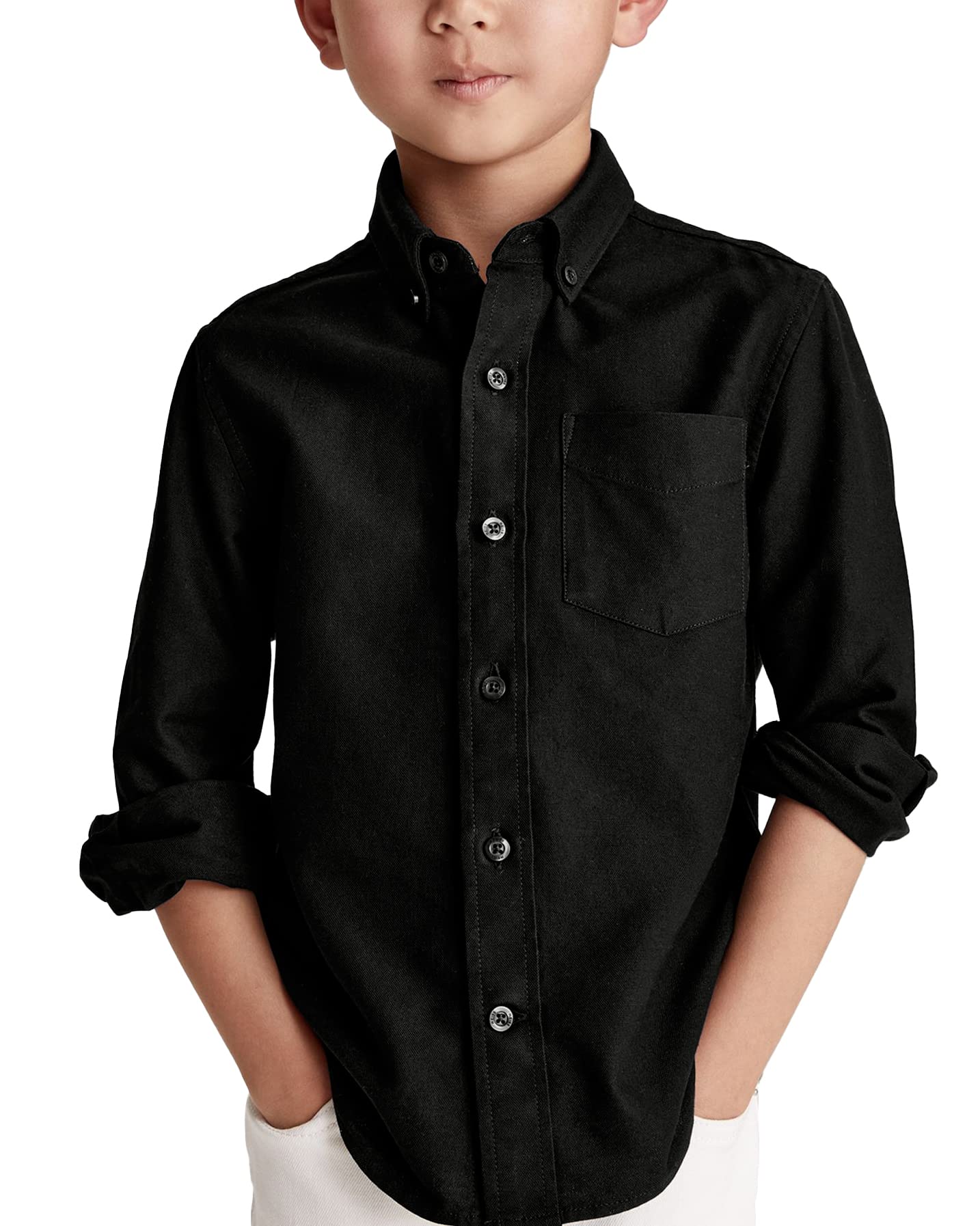 Boys' Long Sleeve Dress Shirts Classic Collared Button-Down Tshirt Solid Cotton Top with Chest Pocket Black