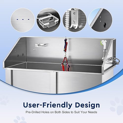 Miniatura 8 de CO-Z Estación de baño de acero inoxidable de 34 pulgadas para el hogar, bañera de acero inoxidable extra elevada para perros medianos y pequeños, 47