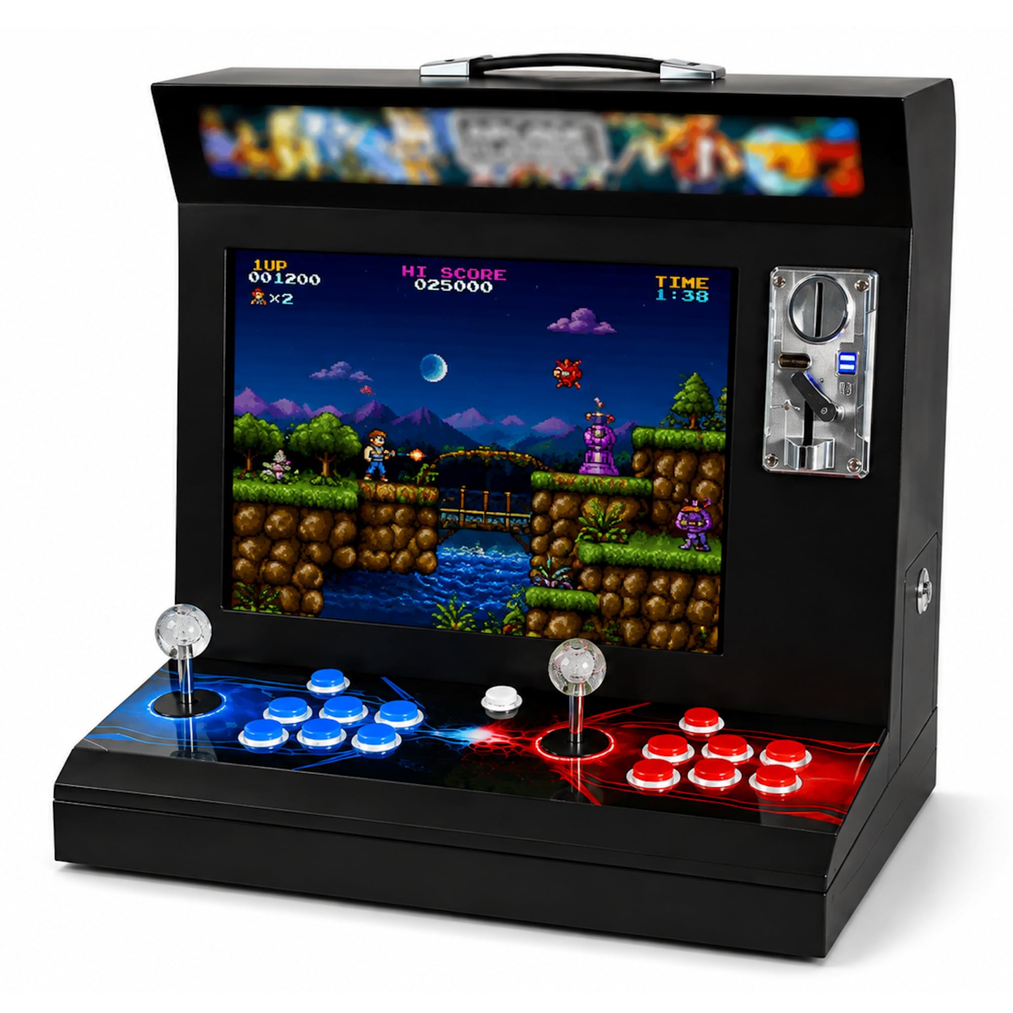 Máquina Arcade Tipo Bar Top 17” 4:3 | 9.800 Títulos Retro y 3D | 2 Jugadores con 6 Botones y Joysticks Arcade | Altavoces y Monedero Integrados | Compatible con hasta 4 Jugadores