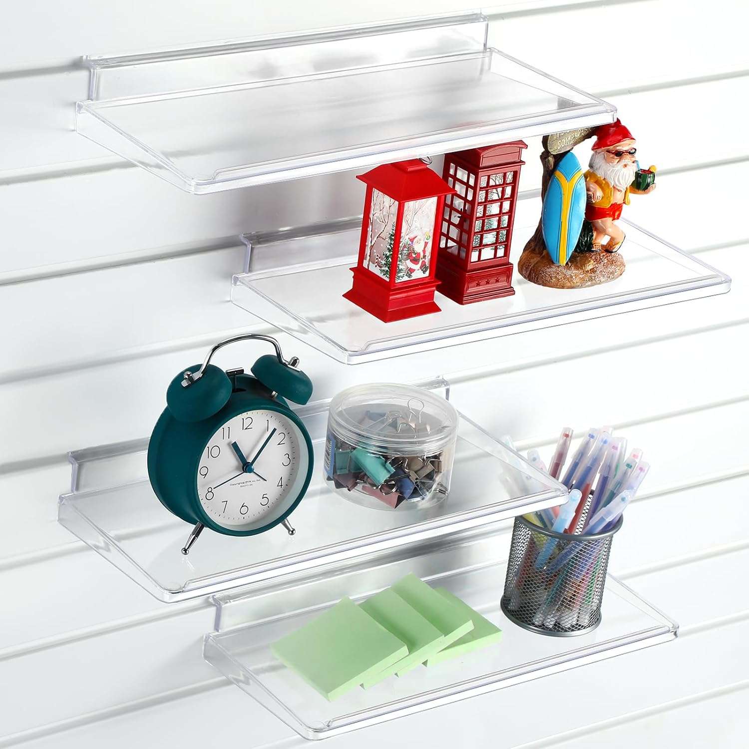 4 Pack Slatwall Shelves 14.5 x 5.9 in Plastic Clear Panel Shelve Wall Mount Hanging Slatwall Accessories Organize for Retail Display Garage Home Shoe Store Boutiques Supplies