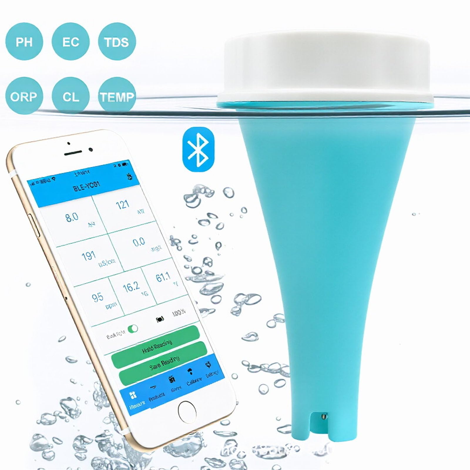 Tester dell'Acqua Intelligente 6 in 1, Kit Bluetooth per Il Test dell'Acqua Domestica con Monitoraggio App, Temperatura PH EC TDS ORP CL, per Acqua Potabile, Pozzo, Città, Piscina, Acquario