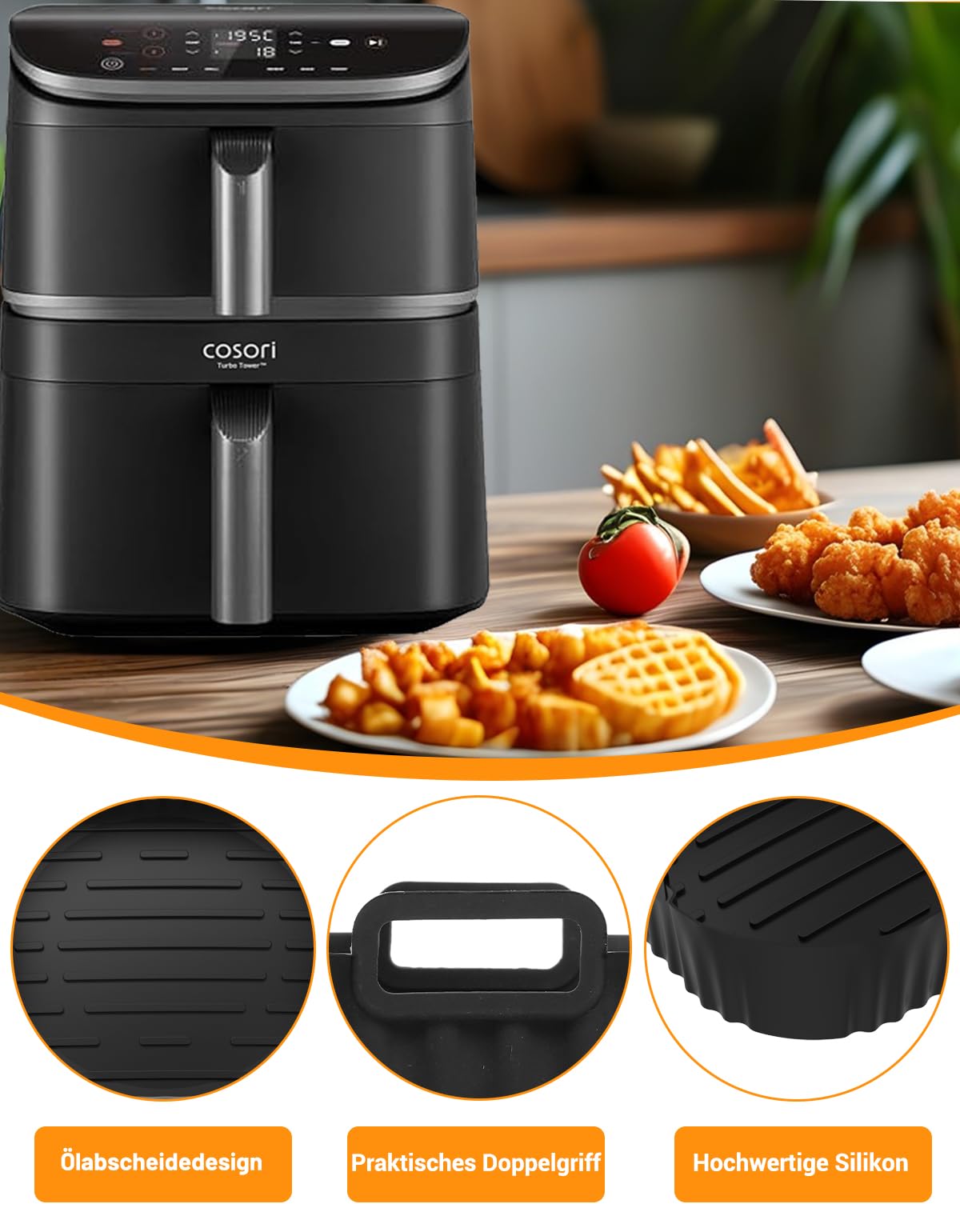 Silikonform Heißluftfritteuse Zubehör Exklusiv für Cosori Turbo Tower, Cosori Turbo Tower Pro & Smart 10,8L Double Stack Airfryer, Wiederverwendbar Air Fryer Silikon Einsatz (6,5L & 4,3L)