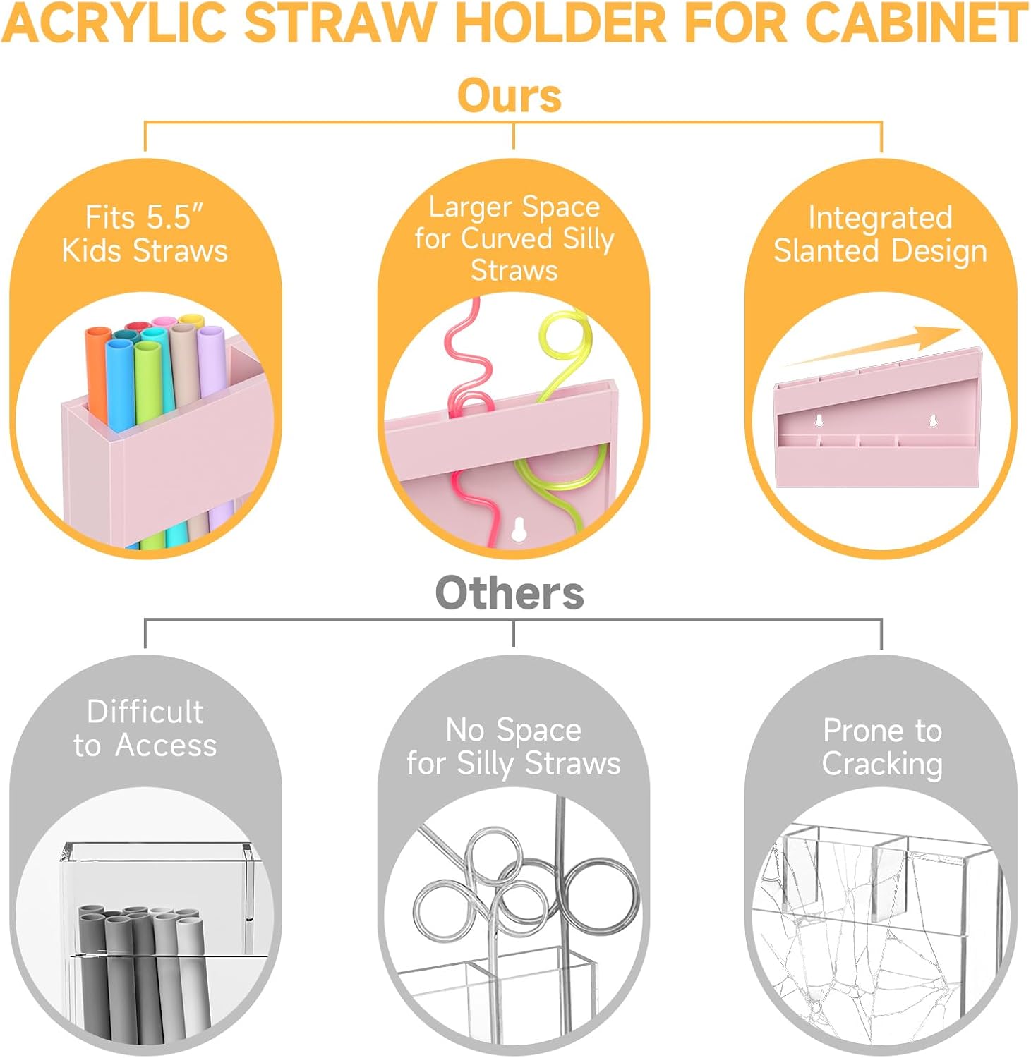 Acrylic Straw Holder for Cabinet - 9.5 Inch Pink Reusable Straw Organizer Dispenser with Ultra Sticky Adhesive Tapes, Slanted Kitchen Accessories Container Cupboard Door Mounted - Image 7