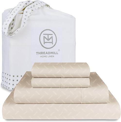 Miniatura 1 de Threadmill Home Linen Bedding - Juego de sábanas de 300 hilos, 100 % algodón, juego de cama de lujo, 4 piezas, tejido de satén suave, color blanco