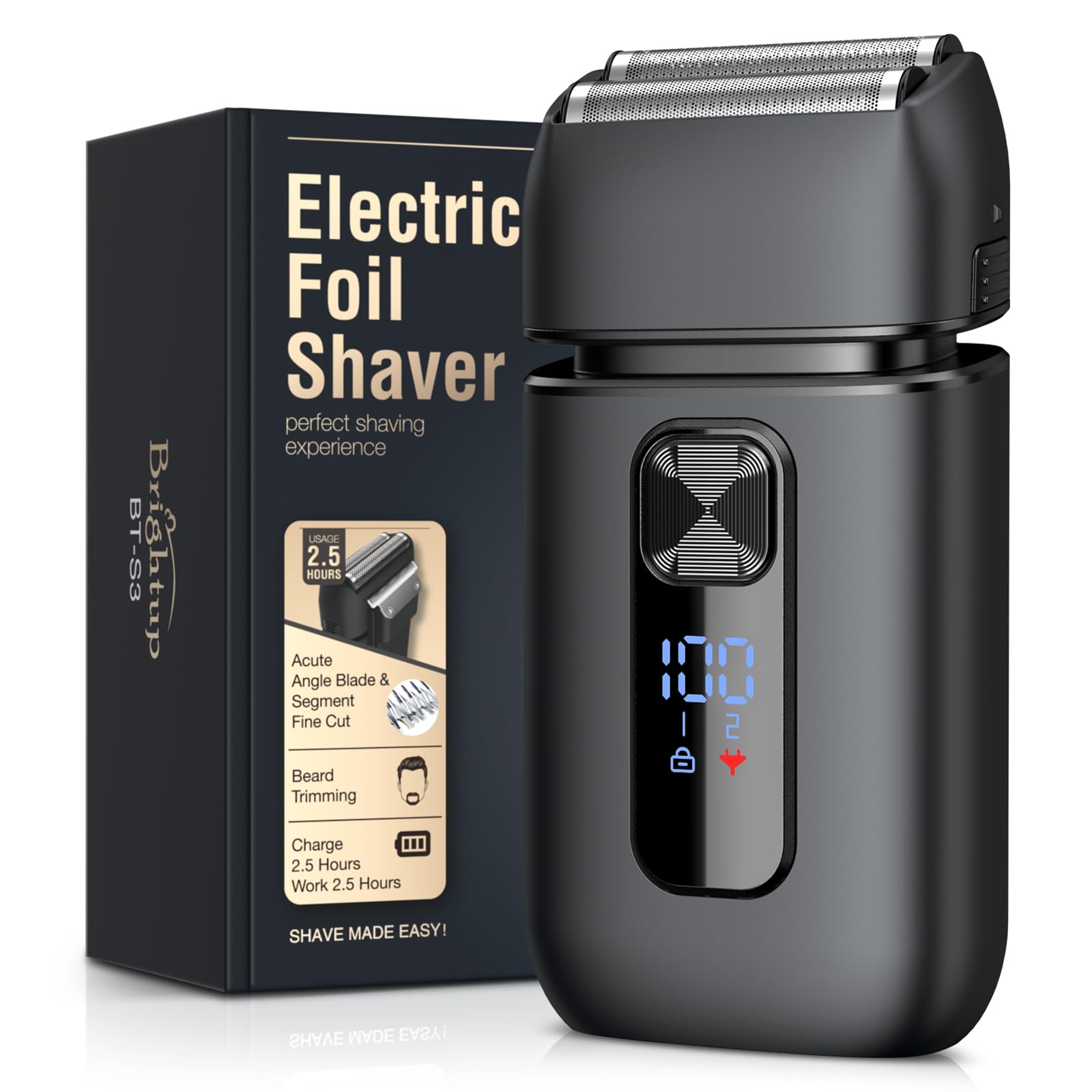 Brightup Foil Shavers for Men - Smooth & Painless Electric Razor for Men with Back Beard Trimmer for Long Thick - Wet Dry Shaving/Travel Lock/LED Display/IPX6 Waterproof