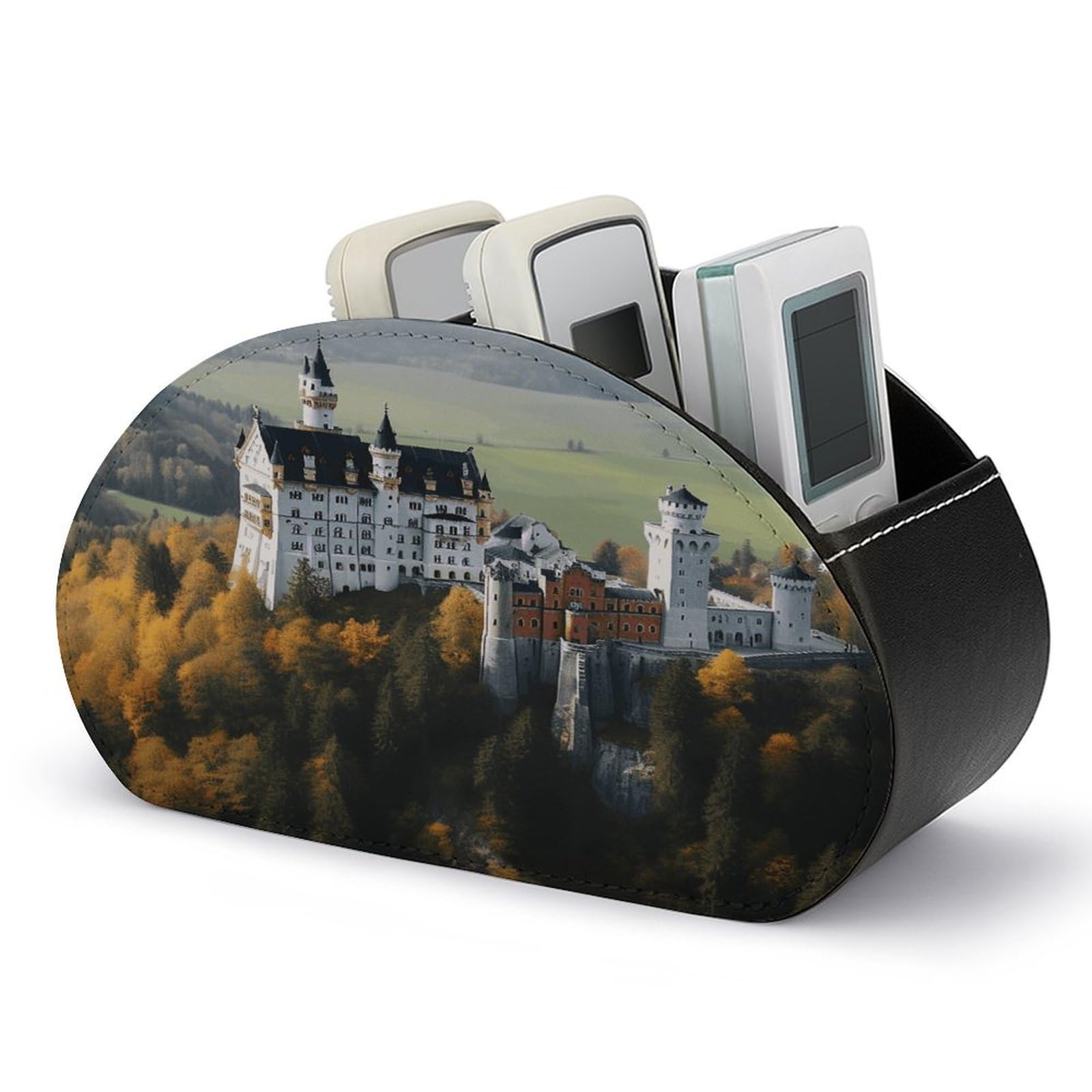 VstaDank Germany Neuschwanstein Castle Remote Control Holder Farmhouse TV Media Remote Storage Box with 5 Compartments PU Leather Remote Caddy Desktop Organizer for Home Bedside Table Organizer