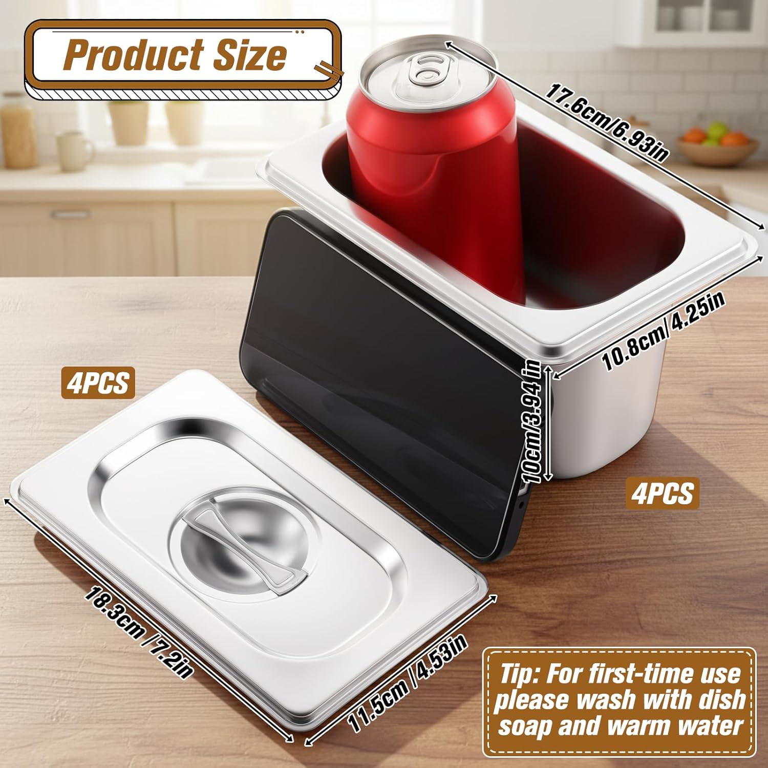 4 Pack Hotel Pan with Lid 1/9 Size 4 Inch Deep Stainless Steel Restaurant Food Prep Tray Metal Hotels Steam Table Pan for Home, Party, Restaurant, Hotel, Buffet - Image 2