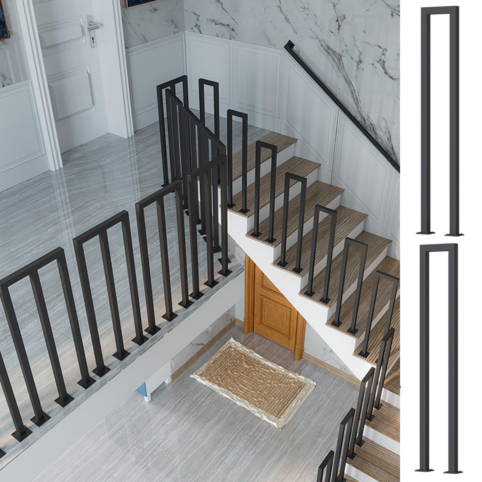 LWJSOCP Industrial Style Black Square Iron Banister Pole for Porch Deck U Shaped Stairs Handrail Attic Guardrail Spindles Indoor Outdoor Balusters 2 PCS 17.7inch