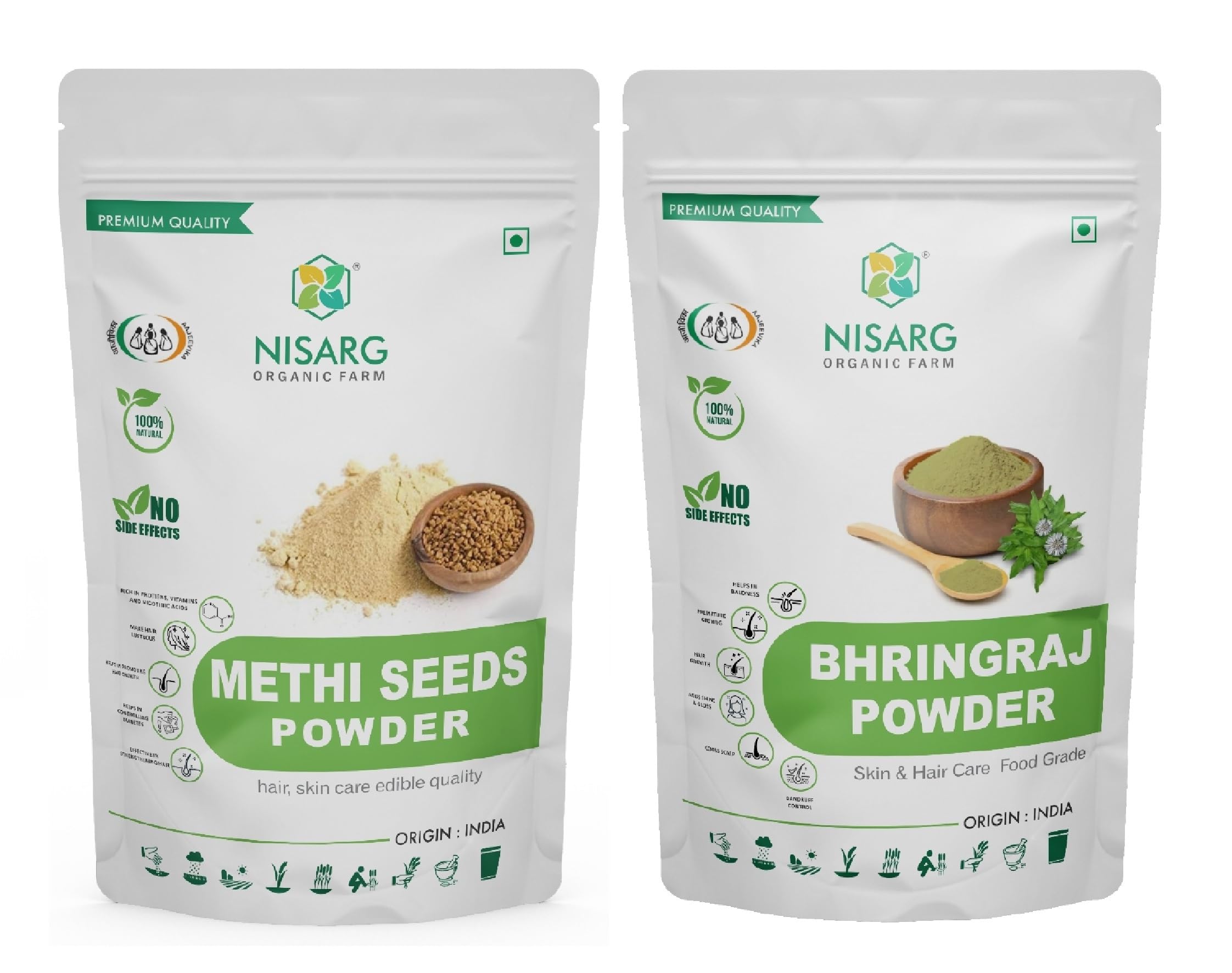 NISARG ORGANIC FARM Combo of Fenugreek Seed and Bhringraj Powder I Good for Hair packs, Oil, & Growth, Cooking, health drinks, face I No Chemical, Preservatives & Pesticides I Pure & Natural (100gm)