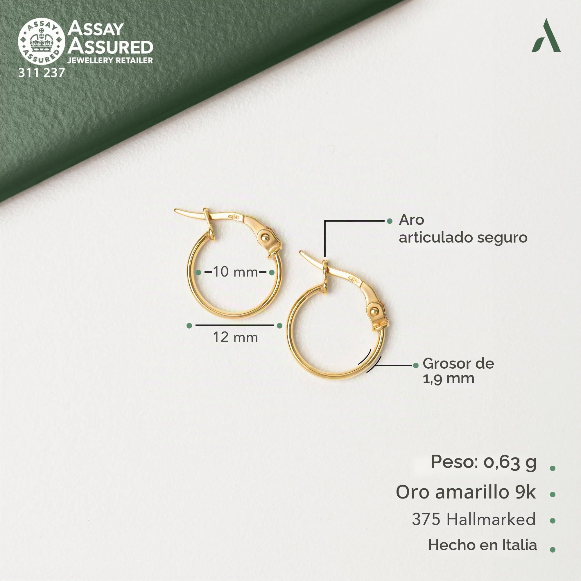 Amberta Pendientes Aro de Oro 9 14 Quilates para Mujer, Aros de Oro Finos Lisos, 10mm 15mm 20mm 25mm, Fabricados en Italia
