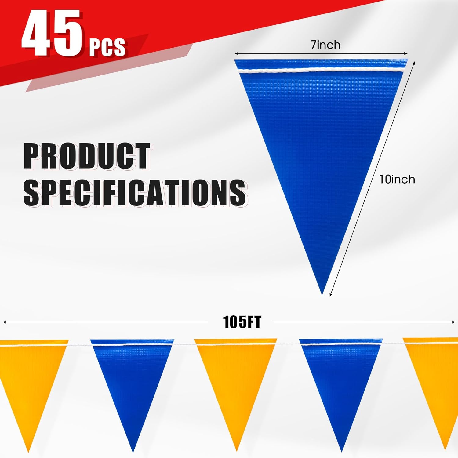 Warning Safety Pennant Banner Flags – Multipurpose 105FT OSHA Bright BLUE/YELLOW Triangle Flags for Construction,Outdoor & Event Hazard Precaution(BLUE+YELLOW,45pcs,105FT) - Image 2