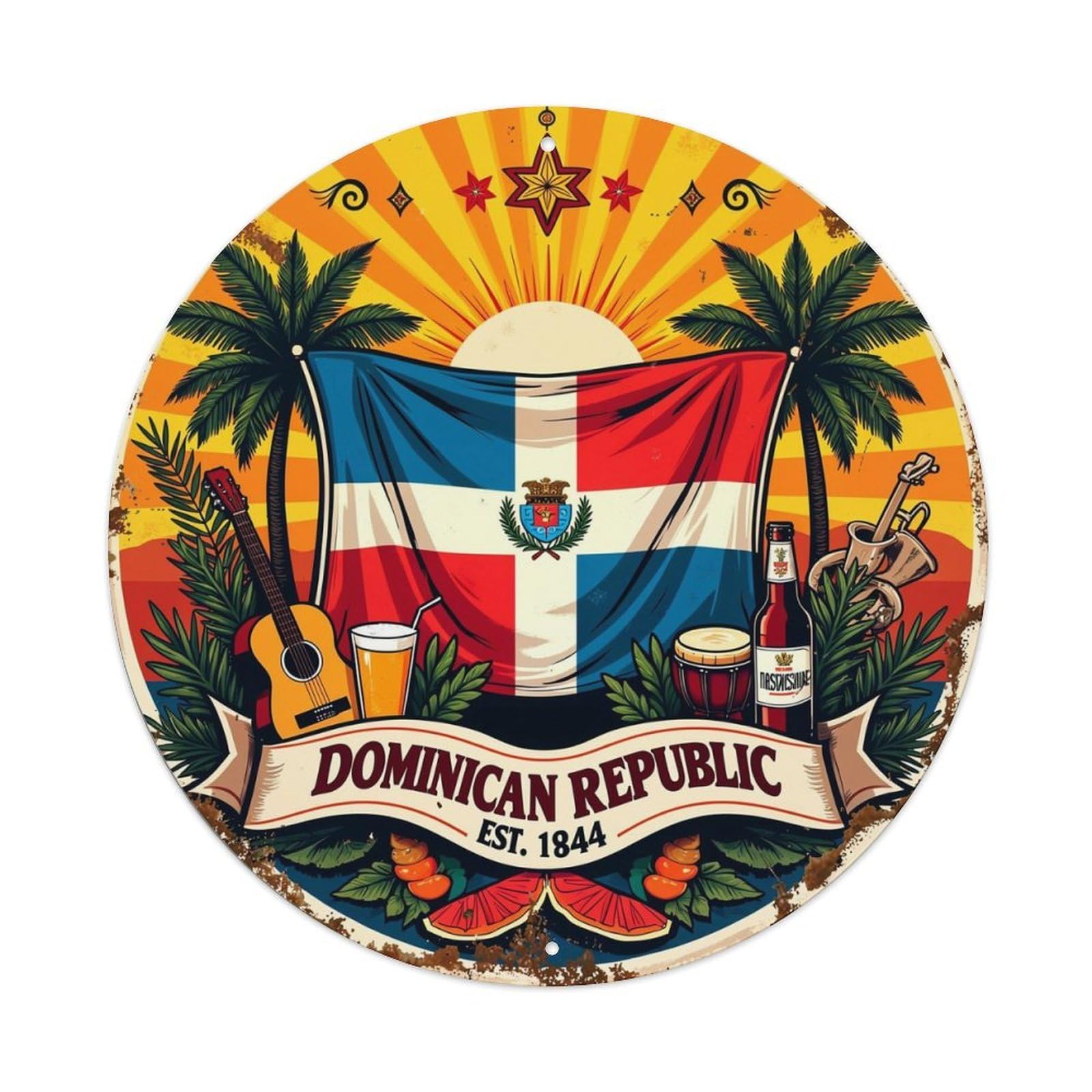 Dominican Flag Palm Trees Music Beer Retro Metal Sign Round Tin Sign, Vintage Decor Art Poster for Bar, Home, Man Cave, Kitchen, Laundry Room Gift 8x8Inch