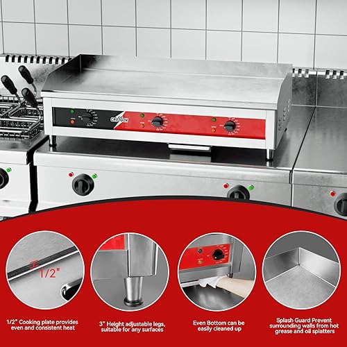 Miniatura 3 de CROSSON Plancha eléctrica comercial grande de 36 x 16 pulgadas, plancha de alta resistencia con placa de cocción de hierro antiadherente de 12