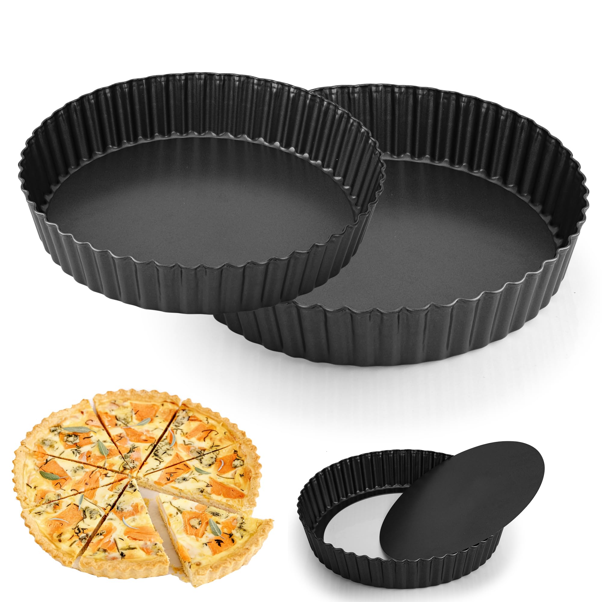 YKUKIZEE 2PCS Deep Quiche Dish with Loose Base 24 26 cm, Non-Stick Flan Tin