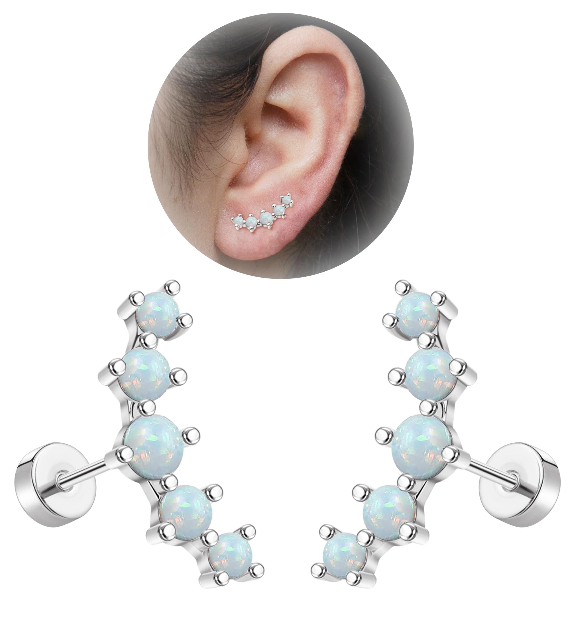 EnticeraEnticera 20G Cartilage Earrings for Women 14K Gold Stainless Steel Flat Back Cartilage Stud Earrings for Sensitive Ear Leaf Opal CZ Handmade Helix Conch Piercing Jewelry Silver Opal