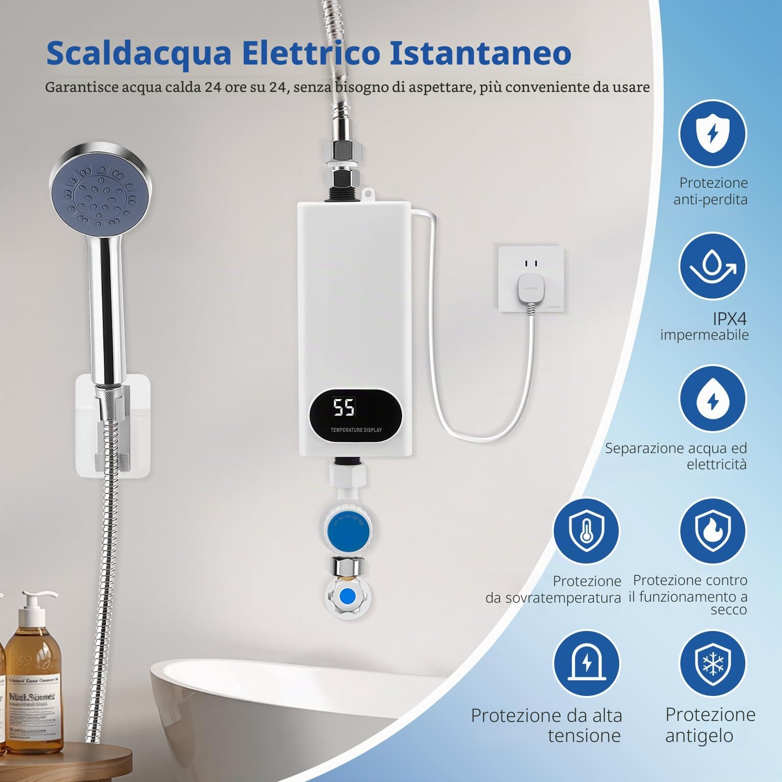 Scaldabagno istantaneo da 5500 W senza memoria con set doccia, scaldabagno 220 V con display digitale LCD e pulsanti touch-screen, adatto per doccia, bagno, cucina, lavandino