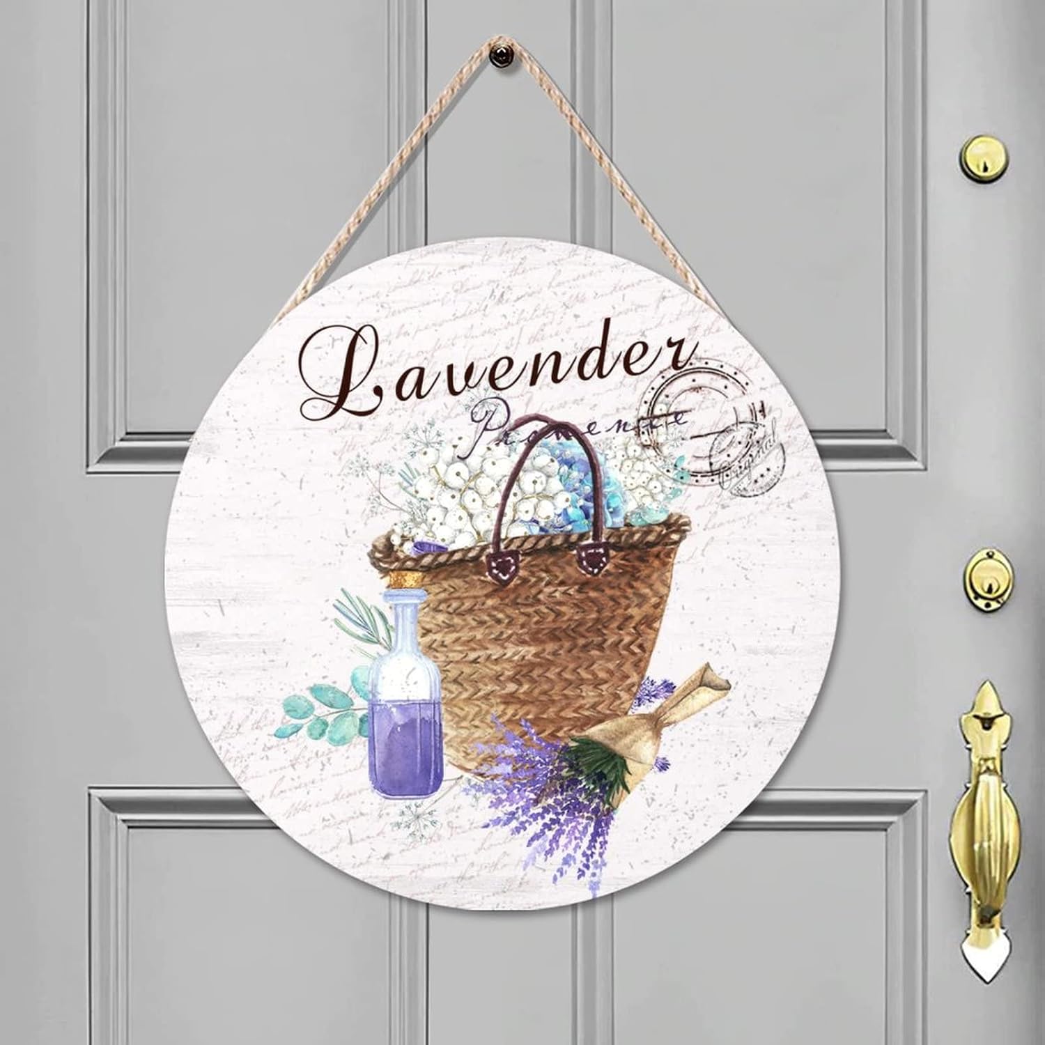 Flower Wall Hanging Sign Plaque, Lavender Wood Door Sign, Custom Calligraphy 16x16in Front Door Round Wood Sign for Front Door Farmhouse Porch Housewarming Gifts
