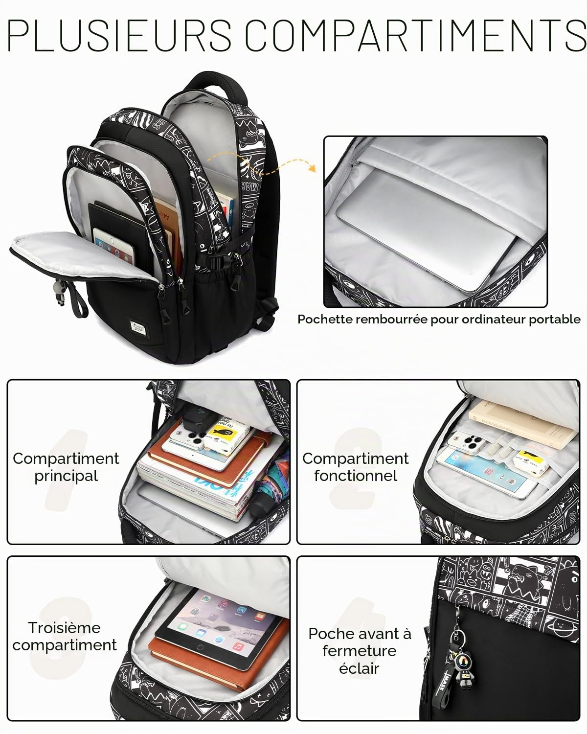 Sac à Dos pour Garçons Adolescents, Grand Cartable Noir pour le Lycée avec Imprimé Graffiti, Sac College Garcon Décontracté et Imperméable pour les Voyages