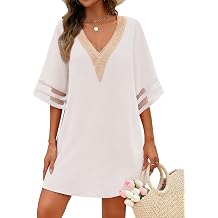AIMAGE Womens Swimsuit Cover Up 3/4 Bell Sleeve Loose Beachwear Deep V-Neck Bikini T-Shirt Beach Dress S-XXL