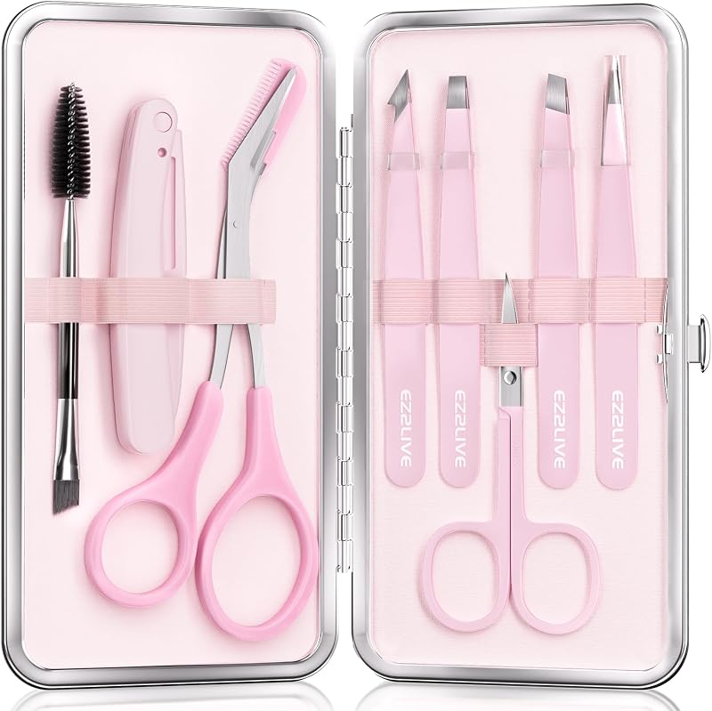 Kit de pinças EZ2LIVE para sobrancelhas e remoção de pelos, 8 unidades, Light Pink, com estojo metálico