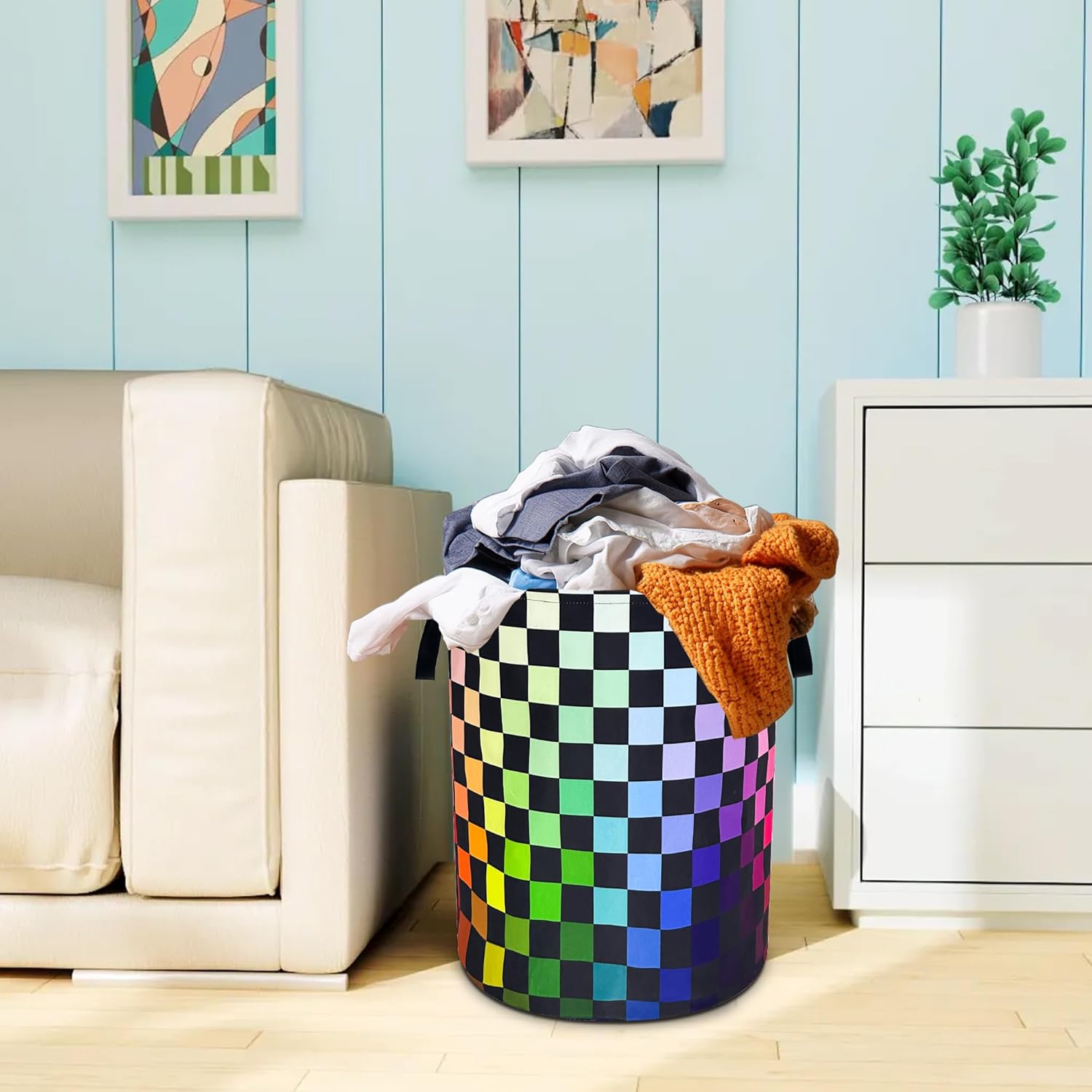 Checkered Rainbow Laundry Basket Oxford Cloth Colorful Squares Laundry Hamper With Handle Foldable Portable Clothes Storage Basket 18.9 X 16.5 In Storage Bag For Laundry Room/Bathroom/Bedroom