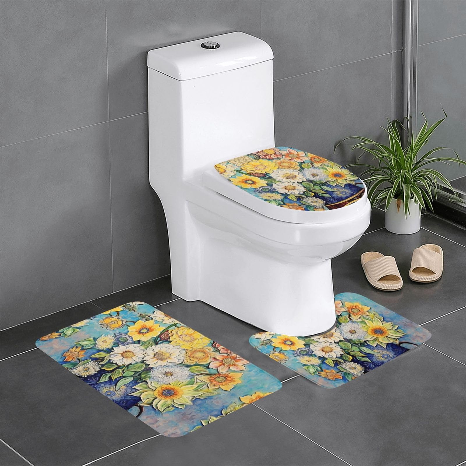 Tapis de bain antidérapant haut de gamme lot de 3 durable motif fleurs d'huile sur toile