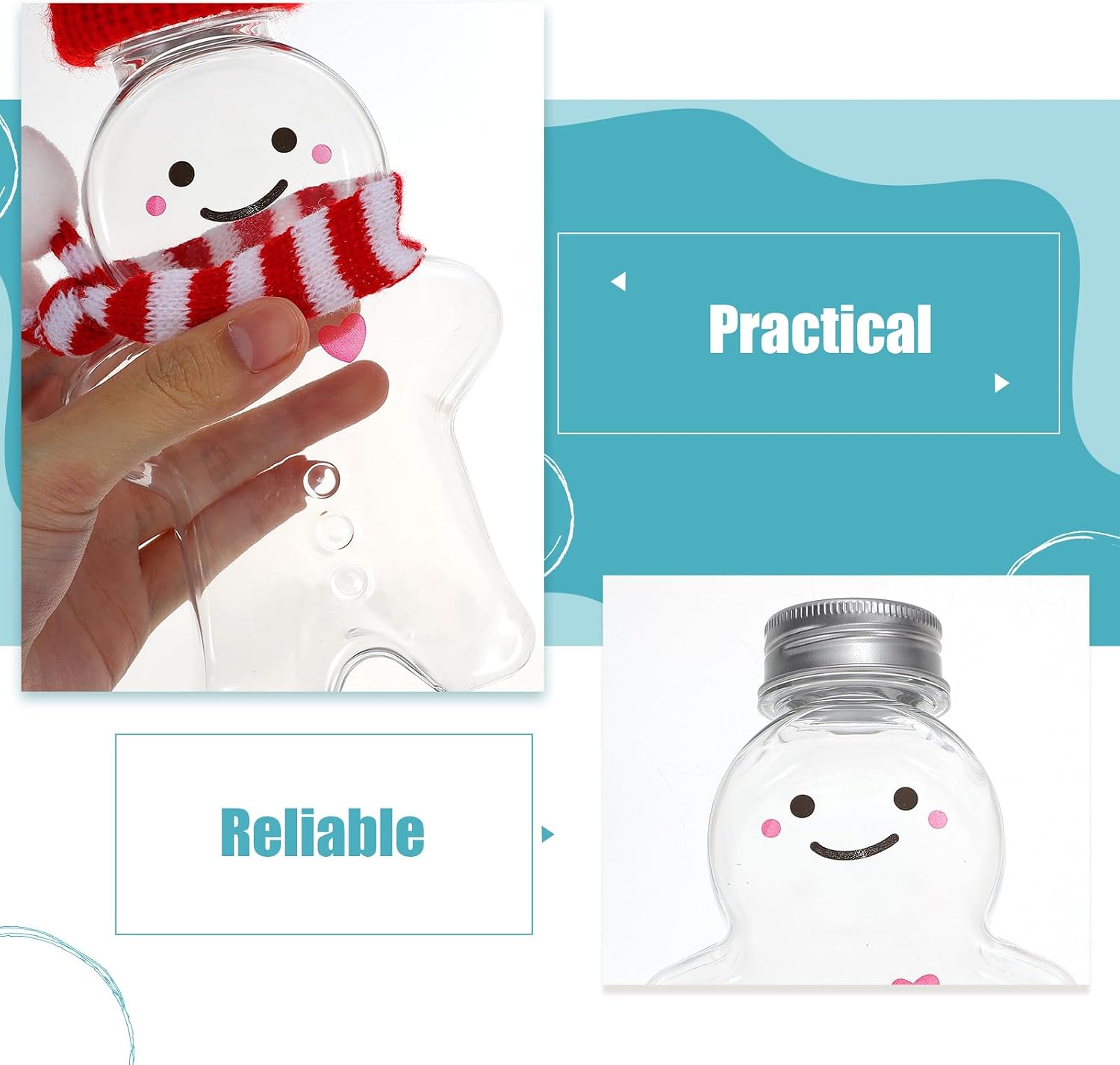 Kisangel Christmas Gingerbread Man Drink Bottles Gingerbread Container 3 Pack 350Ml Clear Reusable Juice Cups with Leakproof Caps and Festive Mini Hats and Scarves for Holiday Parties