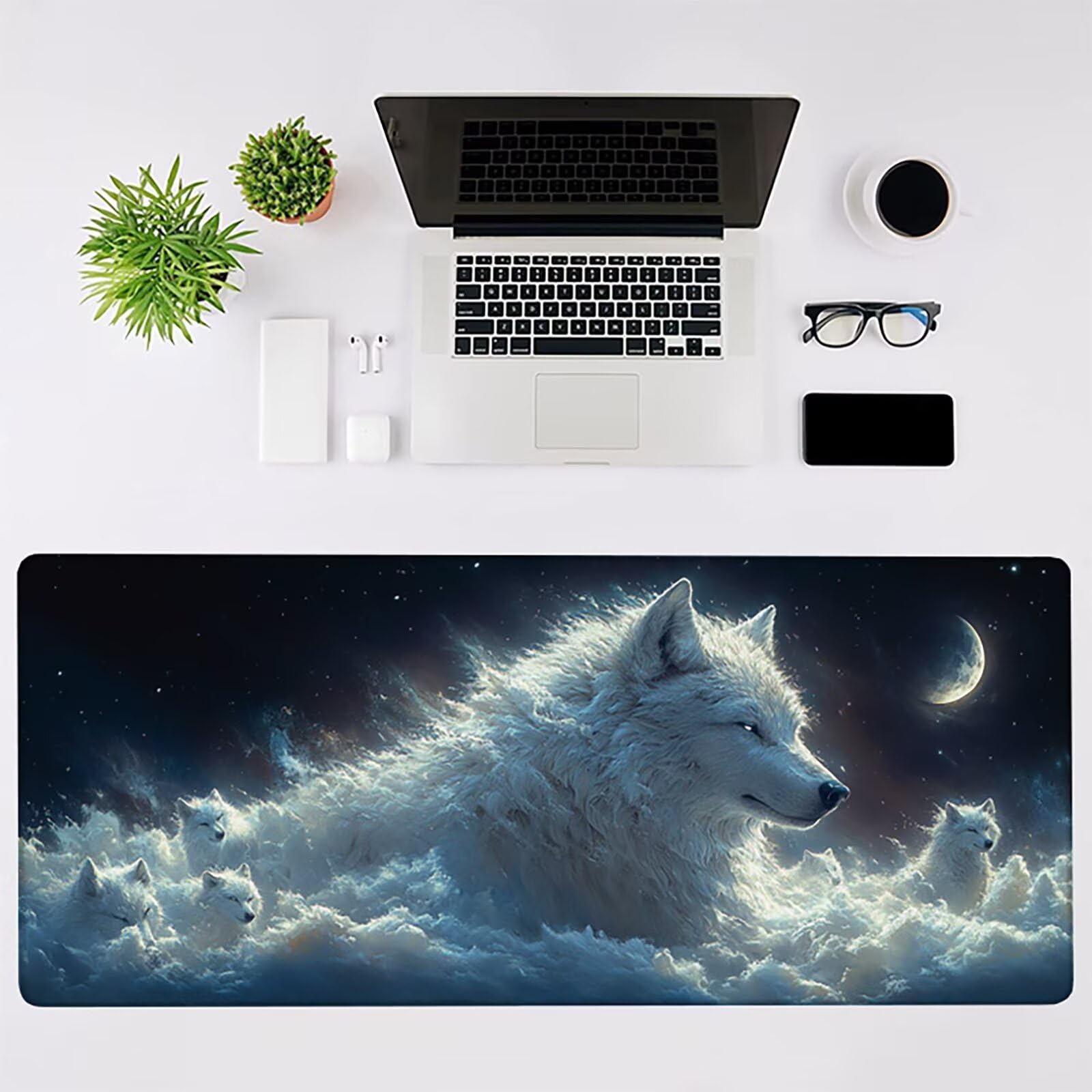 Podkładka pod mysz Moon XXL 1500 x 800 x 3 mm, podkładka pod mysz do gier z wilkiem, podkładka pod mysz z gumową podstawą, podkładka pod mysz dla graczy ze szwami na krawędziach, akcesoria dla graczy