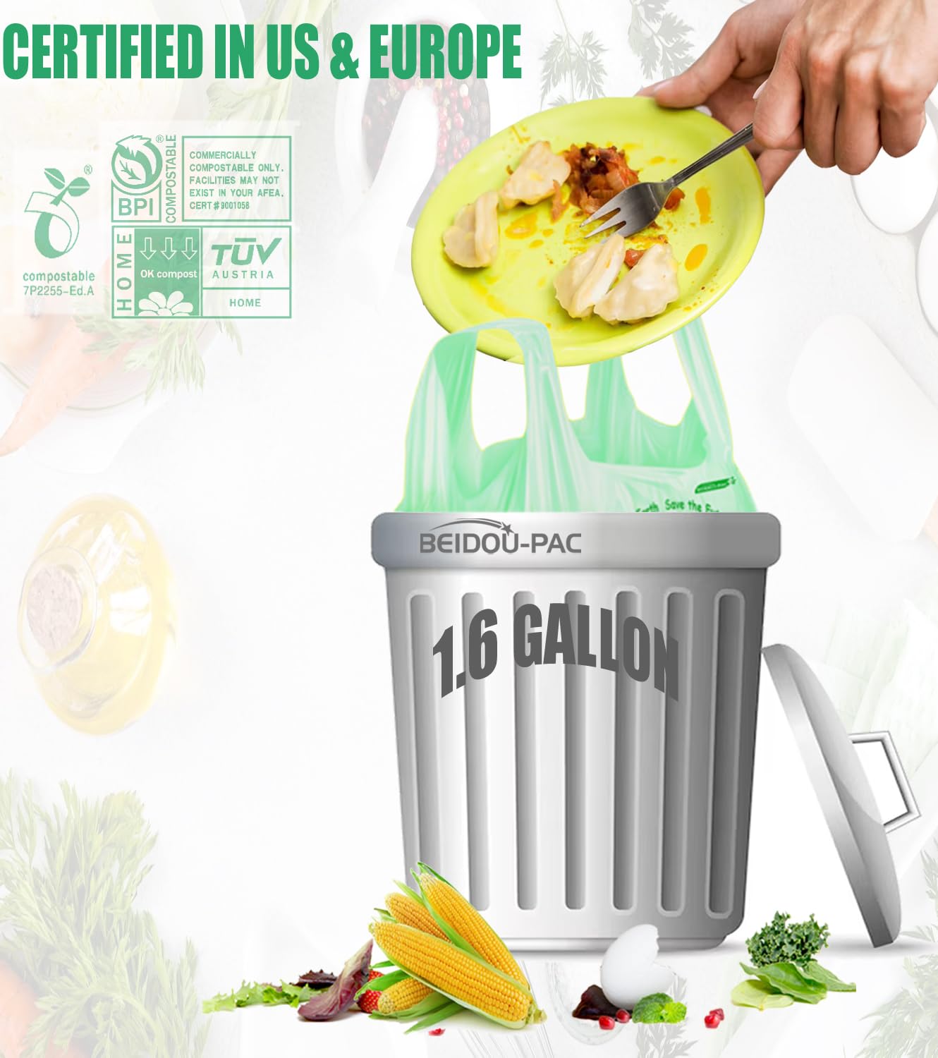 BEIDOU-PAC Bolsas de basura compostables de 1.6 galones con asa, 125 bolsas pequeñas de compost, bolsas de basura biodegradables para cocina, bolsas de basura de comida para cubo de encimera, ASTM