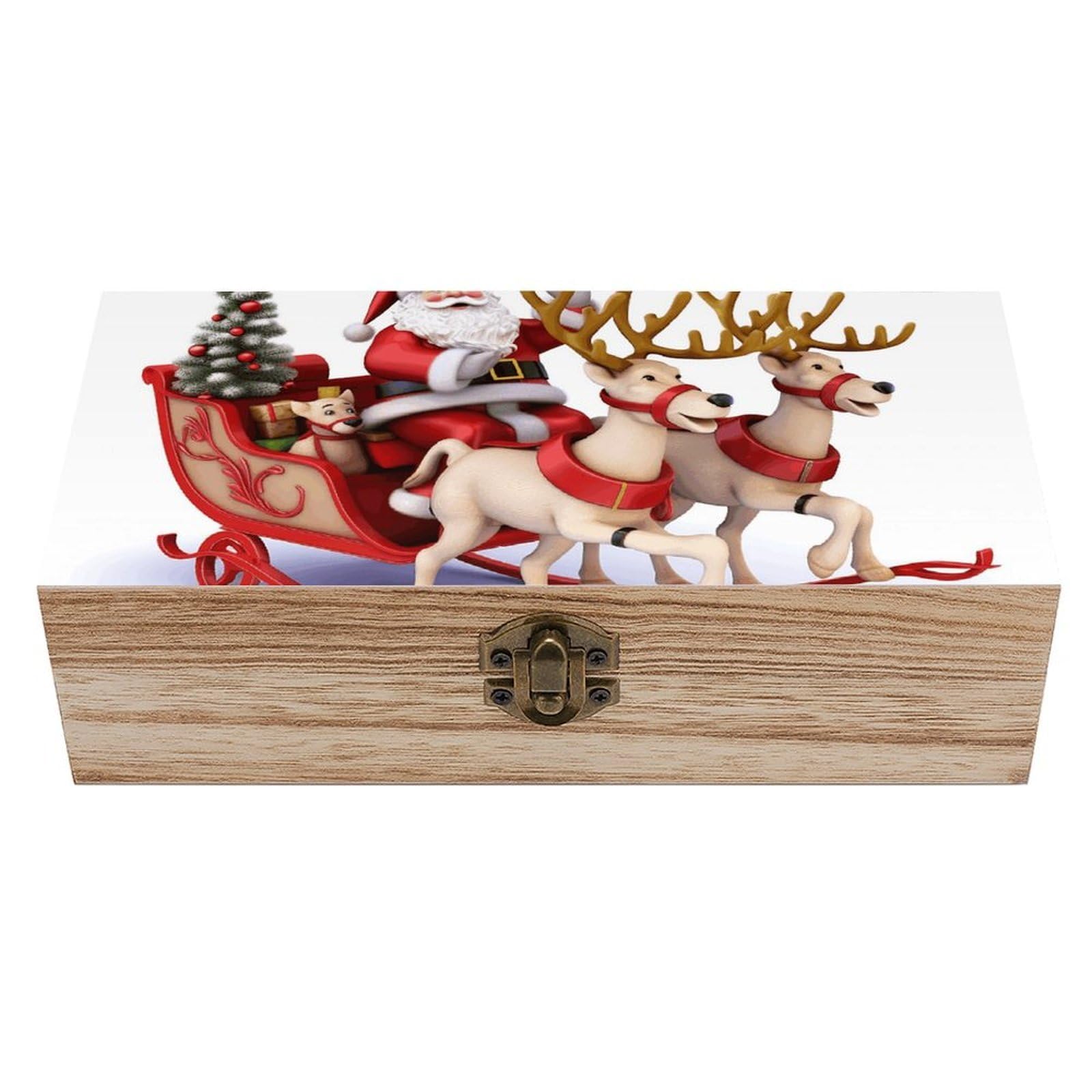 Santa Claus Reindeer Sled Wooden Keepsake Box Storage Boxes with Hinged Lid